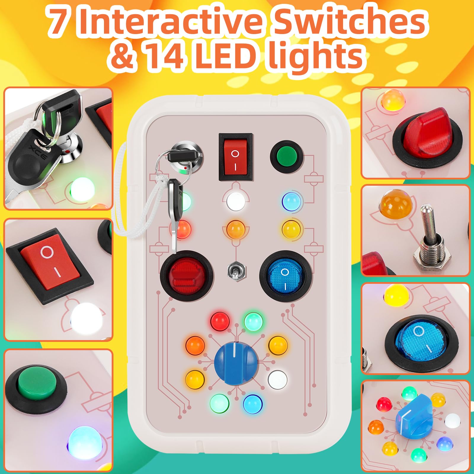 DINOTIME Busy Board, Montessori Educational Toy for 1 2 3 Years Old with LED Light, Travel Toys for 1+ Year Old Toddler Baby