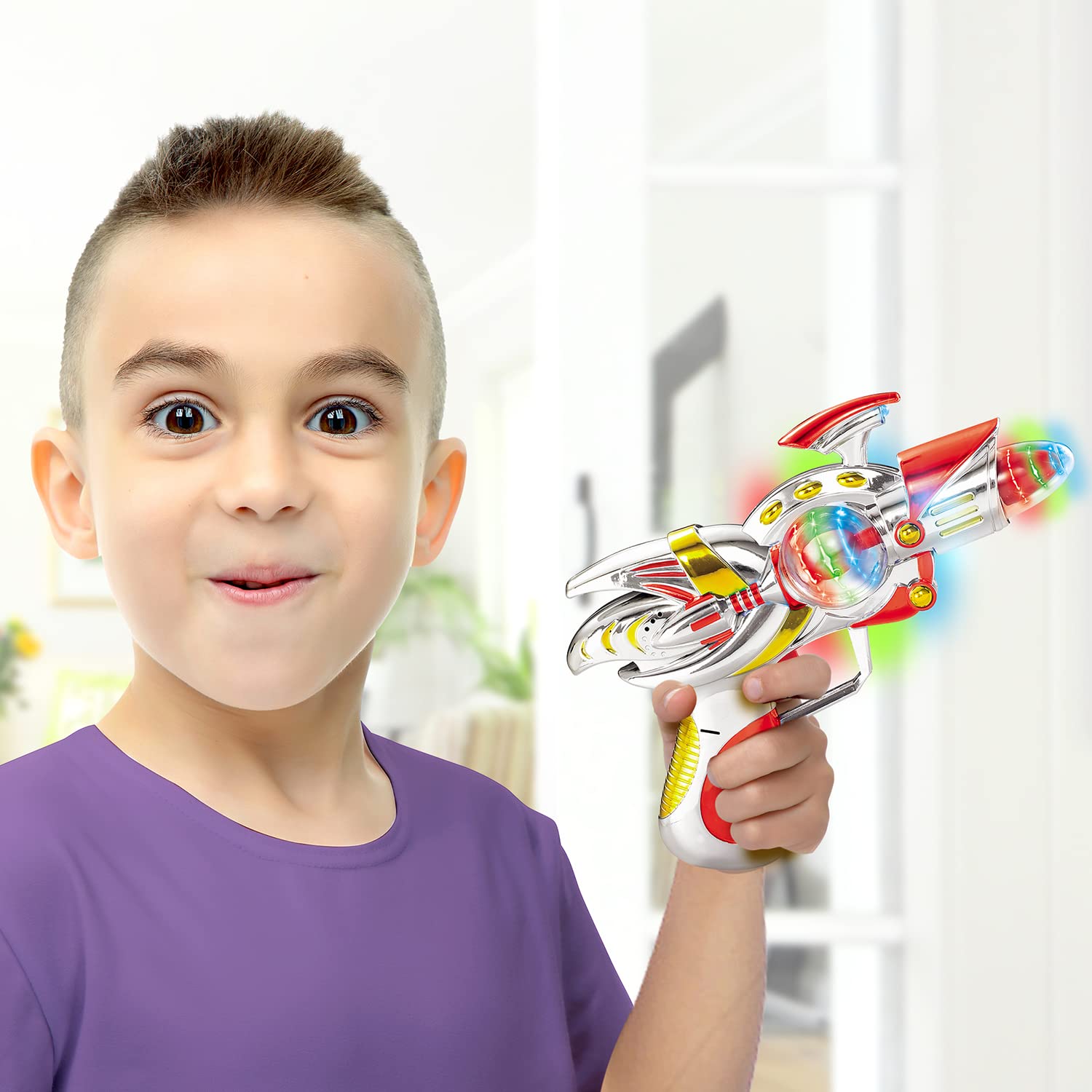 ArtCreativity Red Super Spinning Space Blaster Gun with Flashing LEDs and Sound Effects, Cool Futuristic Toy Gun with Batteries Included, Great Gift