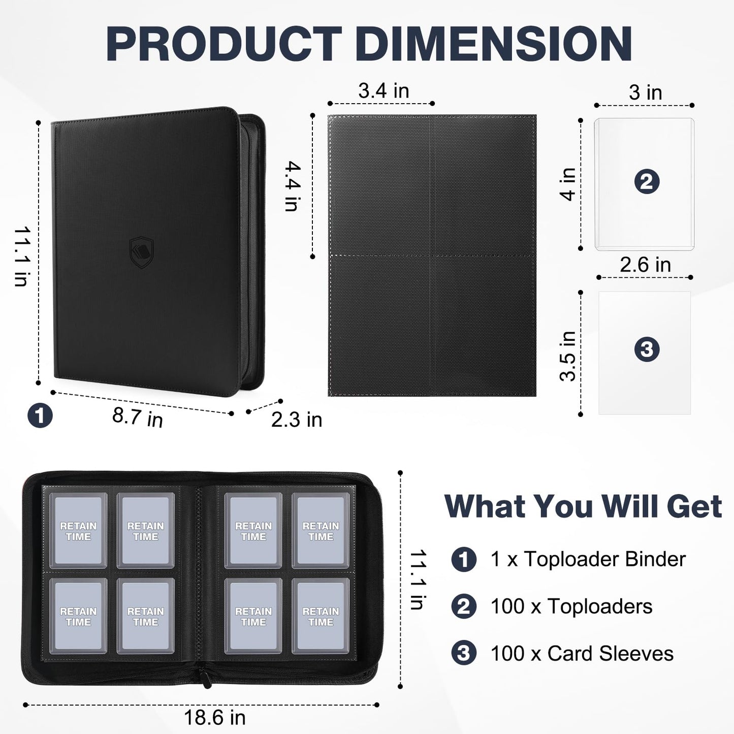 Top Loader Binder, 100 Toploaders and 100 Card Sleeves Included, Holds 128 Toploaders, 4 Pocket Toploader Binder for 3" x 4" Rigid Toploaders, Trading