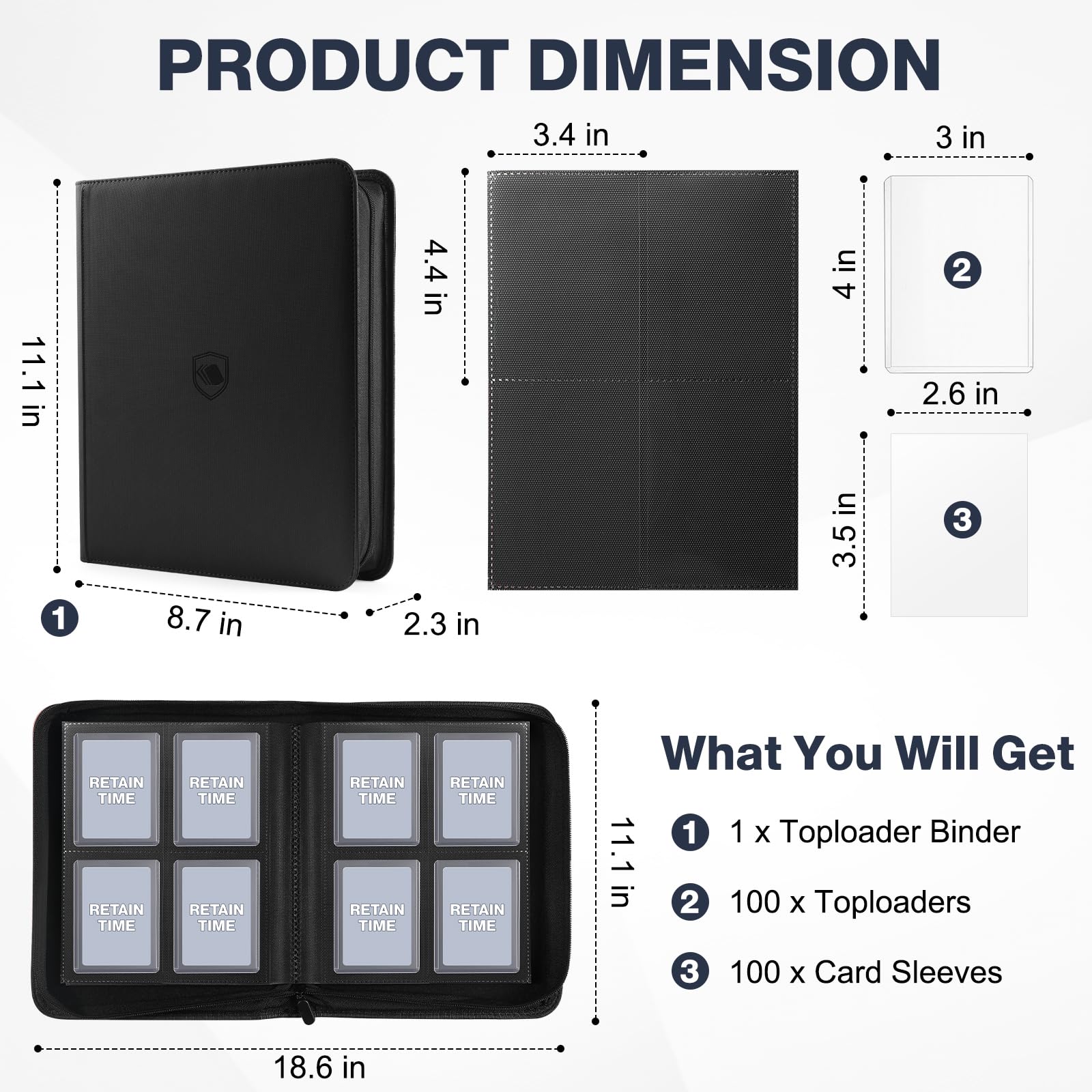 Top Loader Binder, 100 Toploaders and 100 Card Sleeves Included, Holds 128 Toploaders, 4 Pocket Toploader Binder for 3" x 4" Rigid Toploaders, Trading