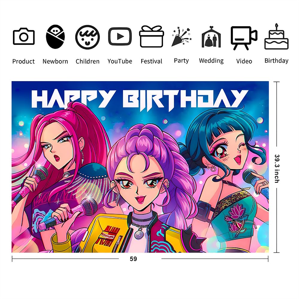 Demon Movie Hunters Birthday Decorations,Demon Movie Hunters Happy Birthday Banner Backdrop for Kids Birthday Party Supplies 60 * 40 inches