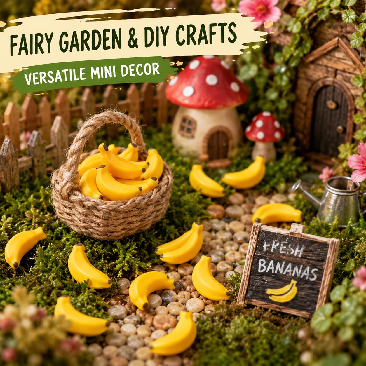 30Pcs Yellow Mini Plastic Artificial Bananas 1/12 Scale Dollhouse Accessories, Realistic Miniature Fruit Models for Fairy Garden Kitchen Decor and DIY