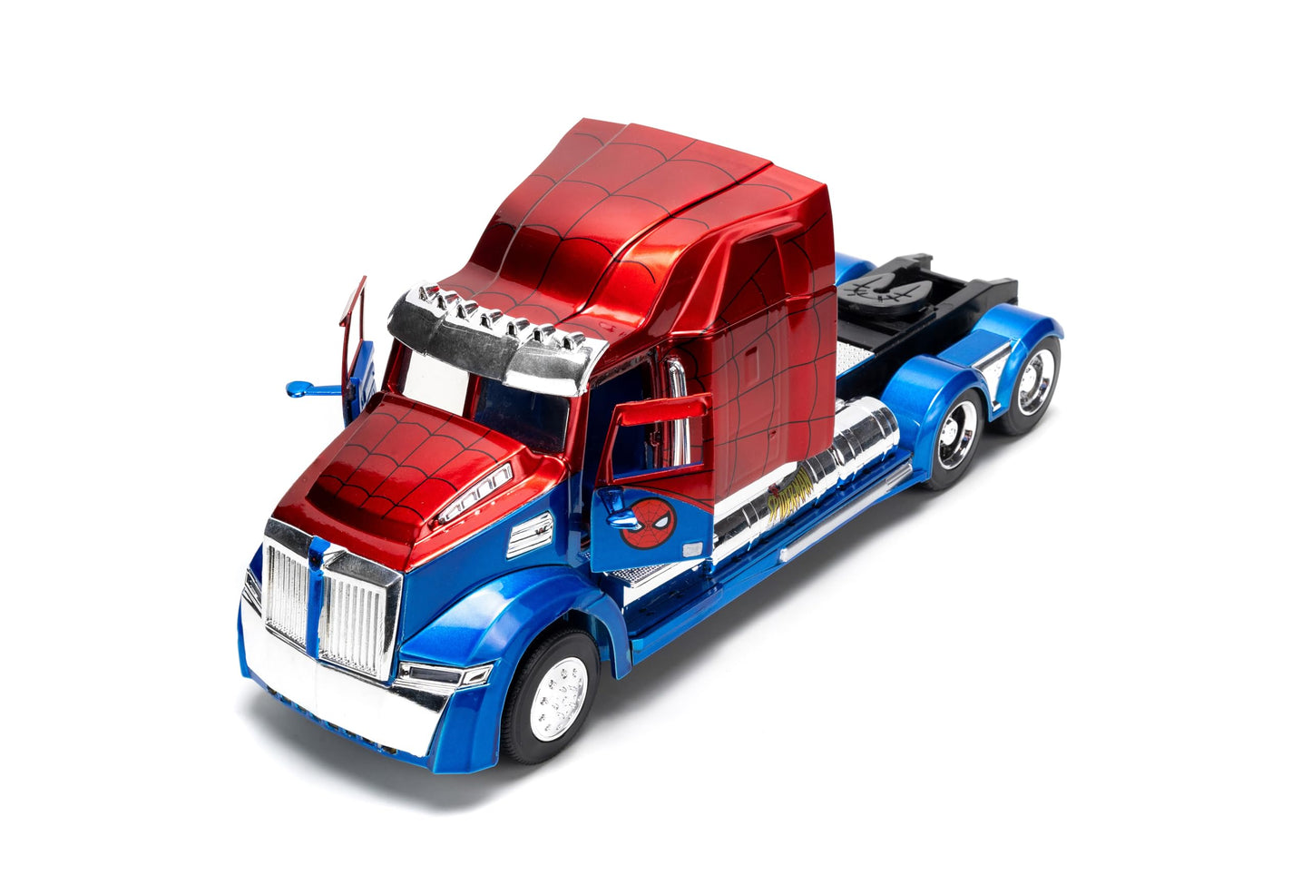 Jada Spider-Man Western Star 5700 XE Big Rig - Die-Cast Vehicle - 1:24 Scale, Opening Doors, Chrome Finishes, Rubber Tires - Hollywood Rides Marvel
