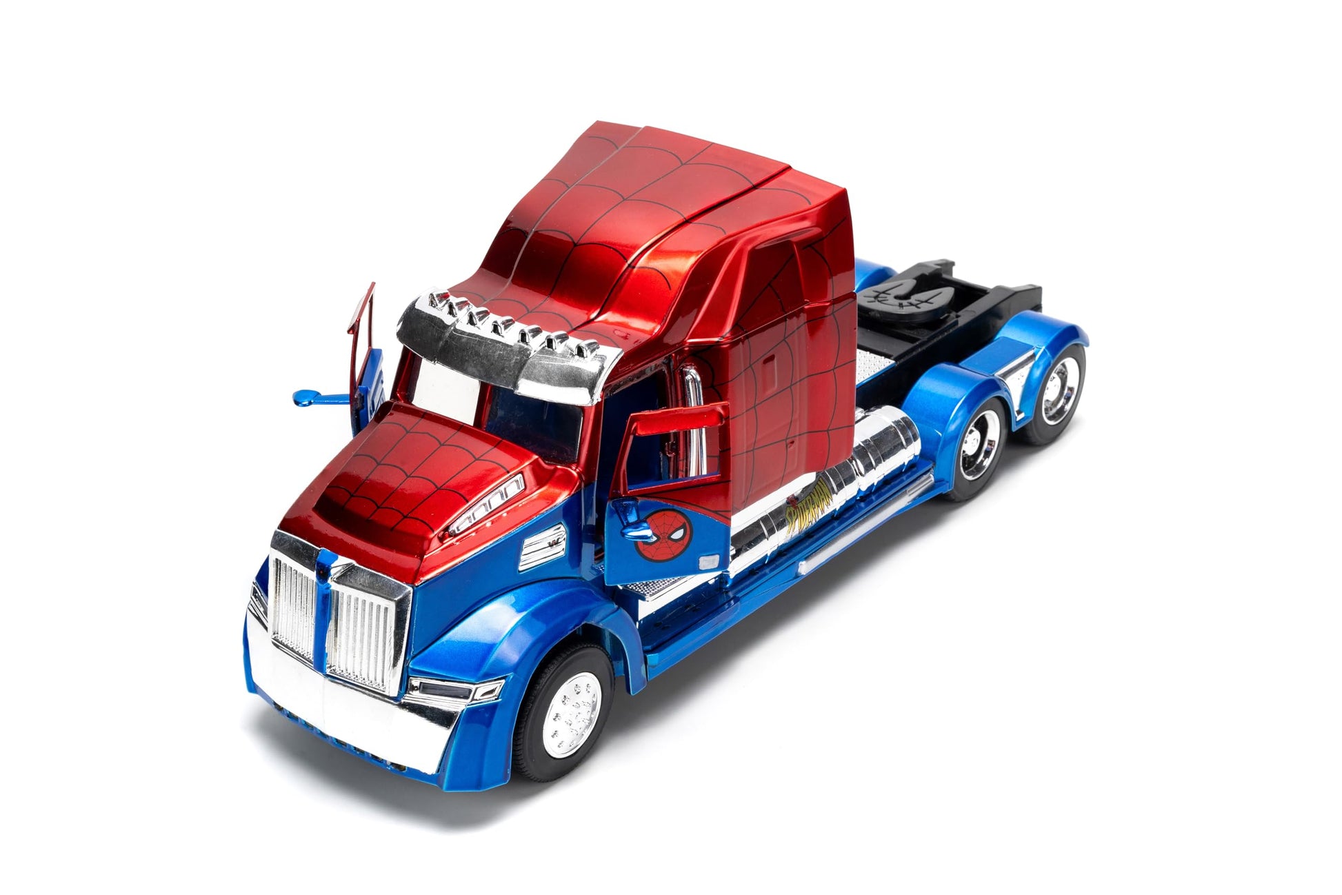 Jada Spider-Man Western Star 5700 XE Big Rig - Die-Cast Vehicle - 1:24 Scale, Opening Doors, Chrome Finishes, Rubber Tires - Hollywood Rides Marvel