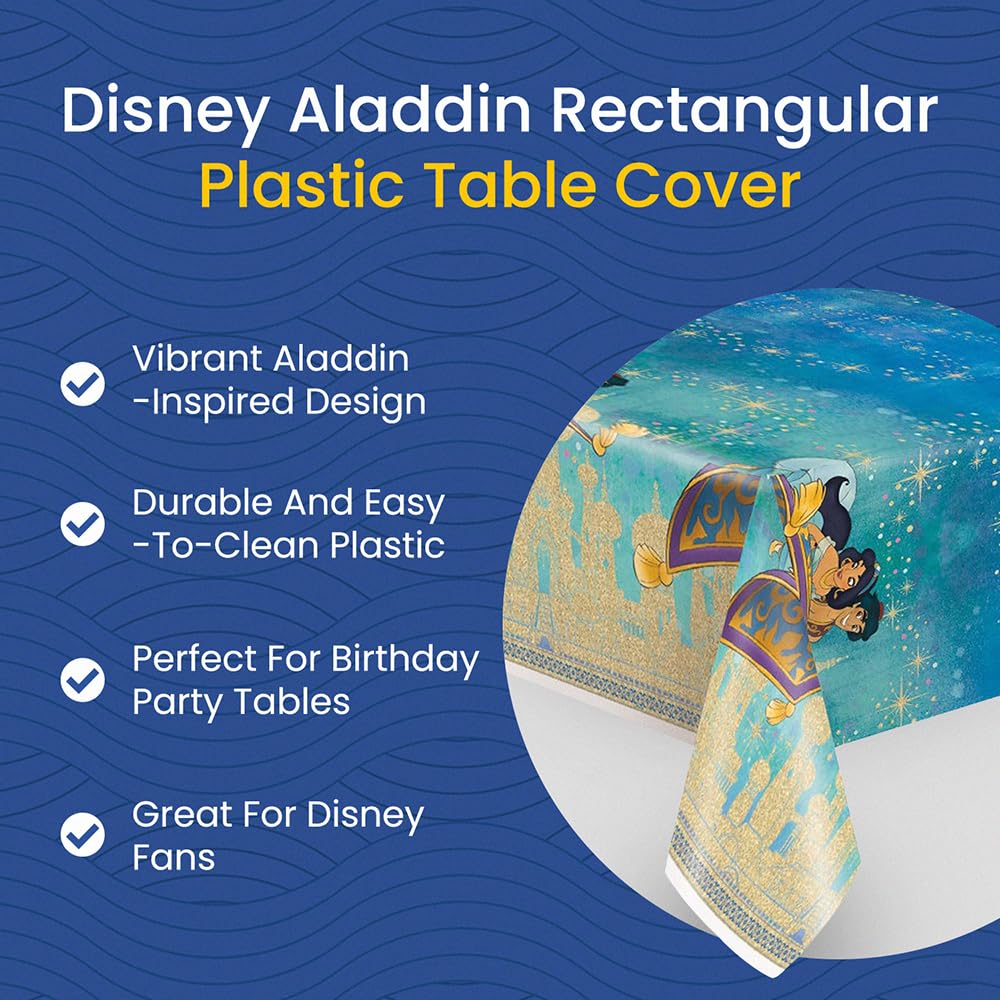 Multicolor Plastic Disney Aladdin Rectangular Table Cover (54"x84") 1 Count - Reusable & Easy Cleanup, Perfect for Aladdin Fans and Disney Themed