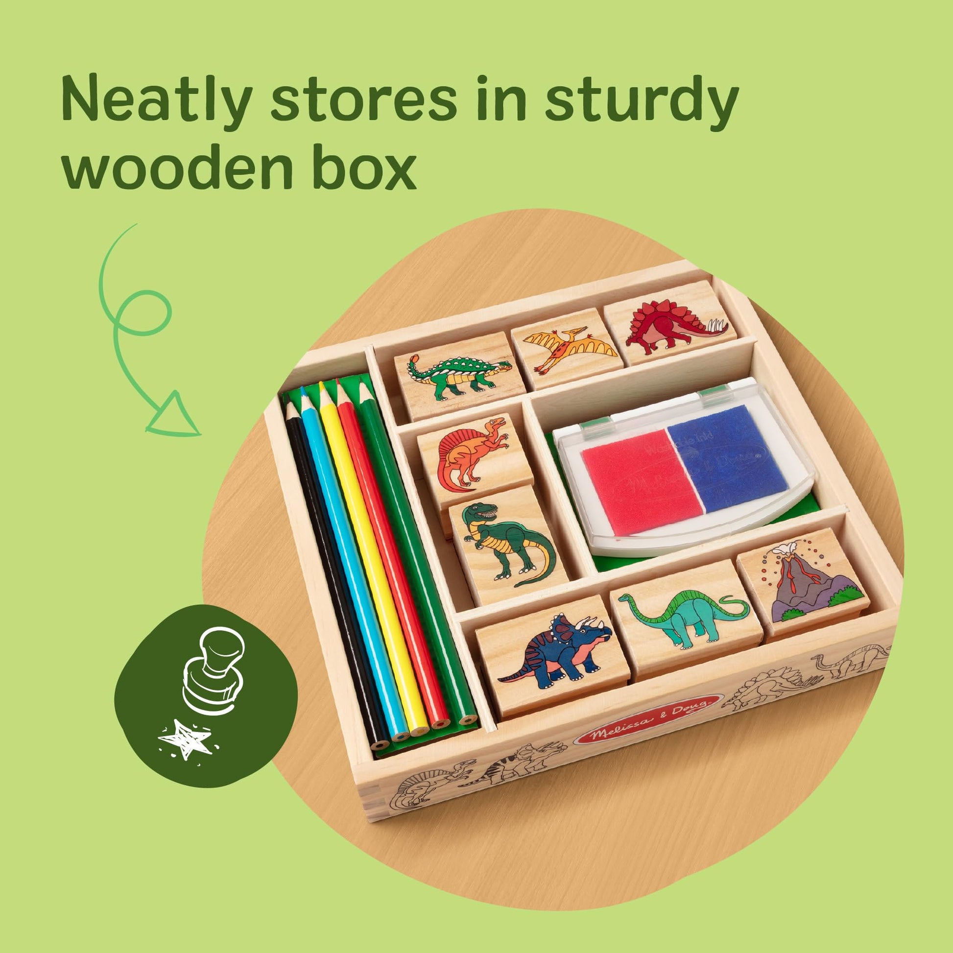 Melissa & Doug Wooden Stamp Set: Dinosaurs - 8 Stamps, 5 Colored Pencils, 2-Color Stamp Pad - FSC Certified