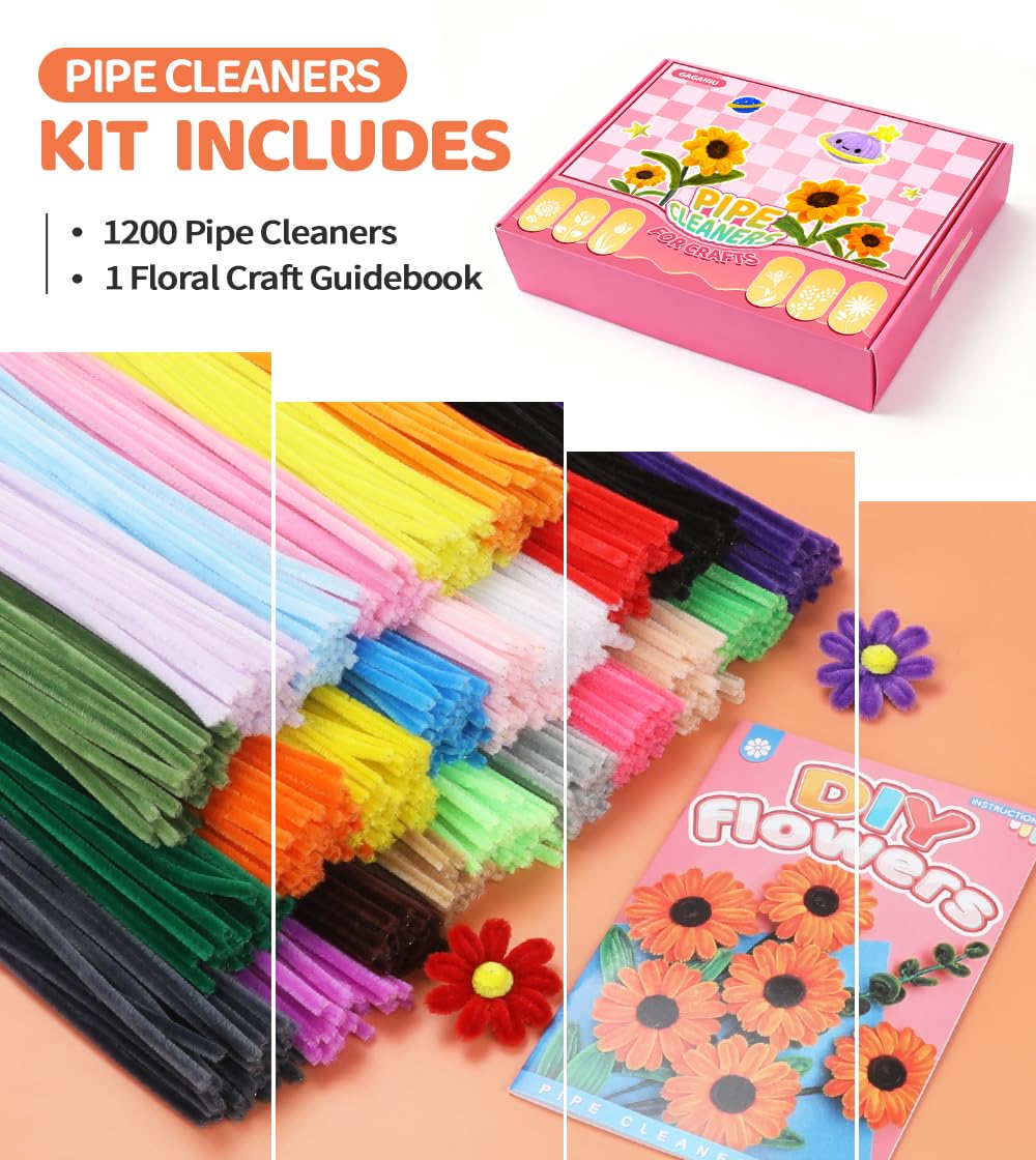 GAGANIU 1200pcs Craft Pipe Cleaners, 24 Colors Chenille Stems with Flowers Manual for Crafts - 12 inch x 6mm Craft Supplies for DIY Projects, Art