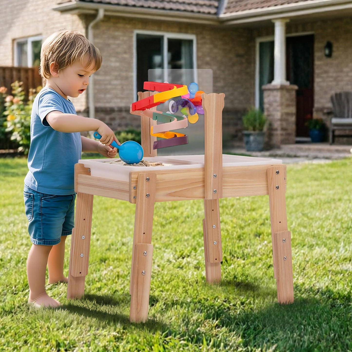 PHOKID Wooden Sensory Play Activity Table,Sand and Water Table for Toddlers,2 Sensory Bins, Acrylic Board & Water Track Toys,Montessori Kids Tables