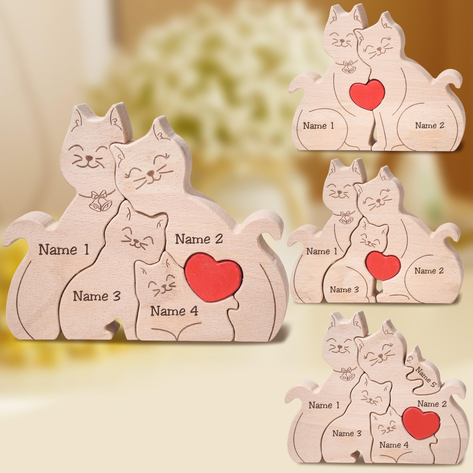 Personalized Name Wooden Cat Family Puzzle Customized Educational Toy Brain Teaser Game with Natural Wood Perfect Birthday Mother's Day for Family
