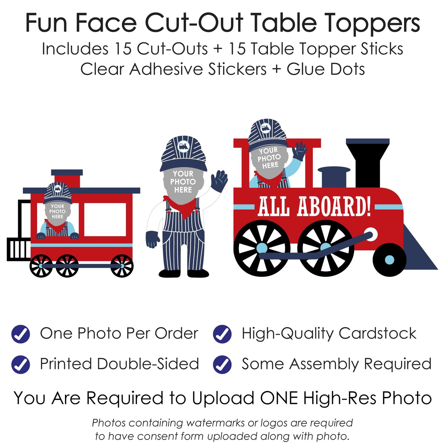 Big Dot of Happiness Custom Photo Railroad Party Crossing - Steam Train Birthday Party or Baby Shower Centerpiece Sticks - Fun Face Table Toppers
