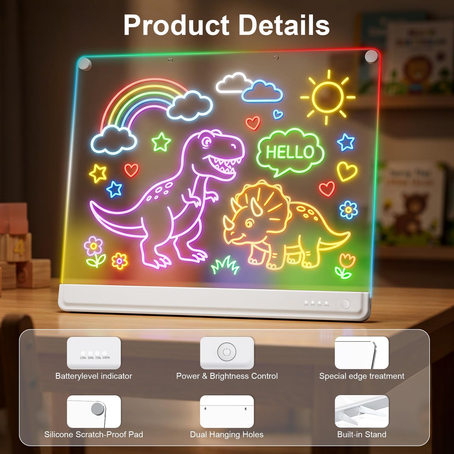 19.7-Inch Rechargeable Doodle Glow LED Note Board,15-Color Light Effects,Neon Light Up Drawing Tablet Up Drawing Pad Dry Erase with Built-in
