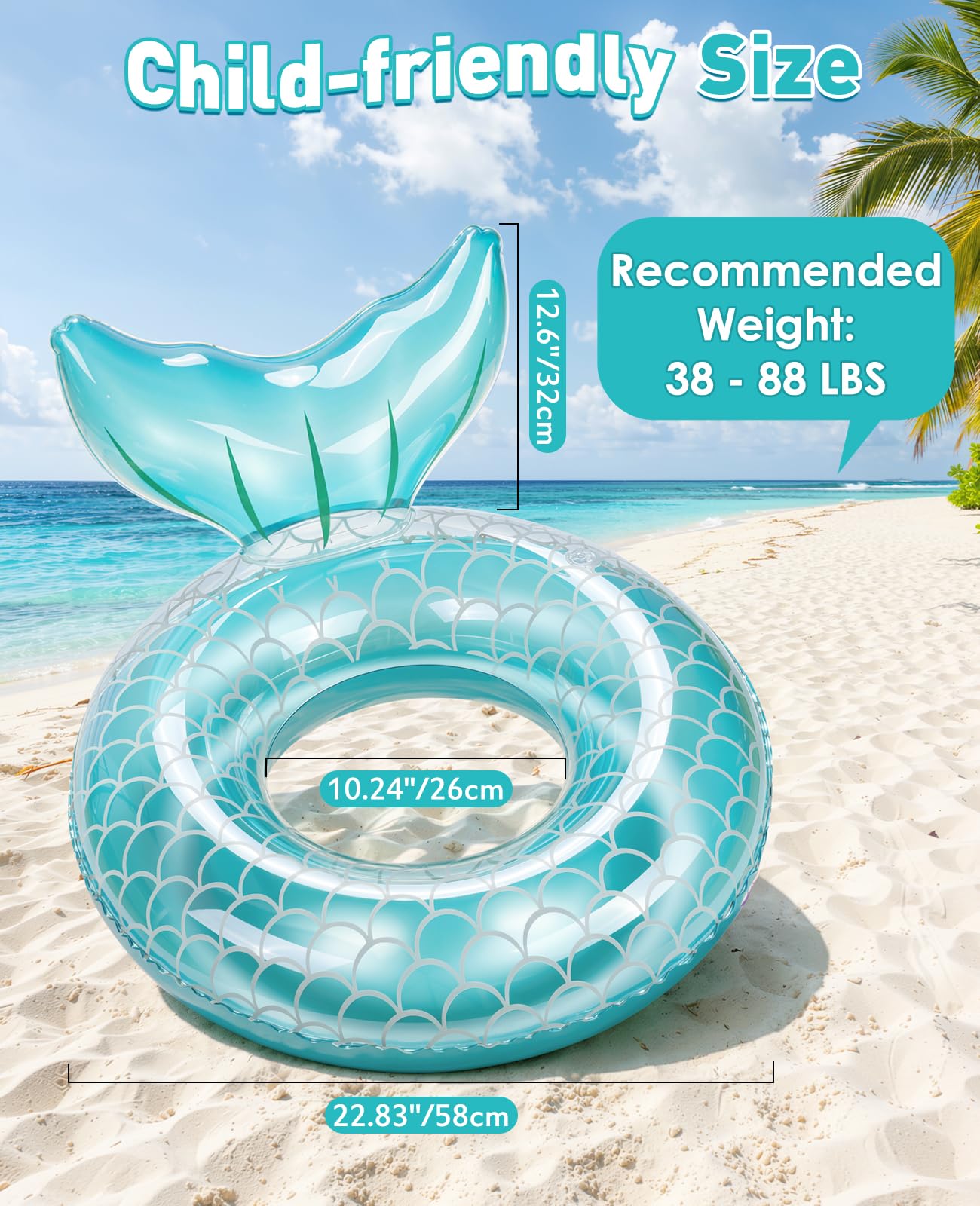 HeySplash Pool Floats Kids, Inflatable Swimming Rings Mermaid Tail Shaped