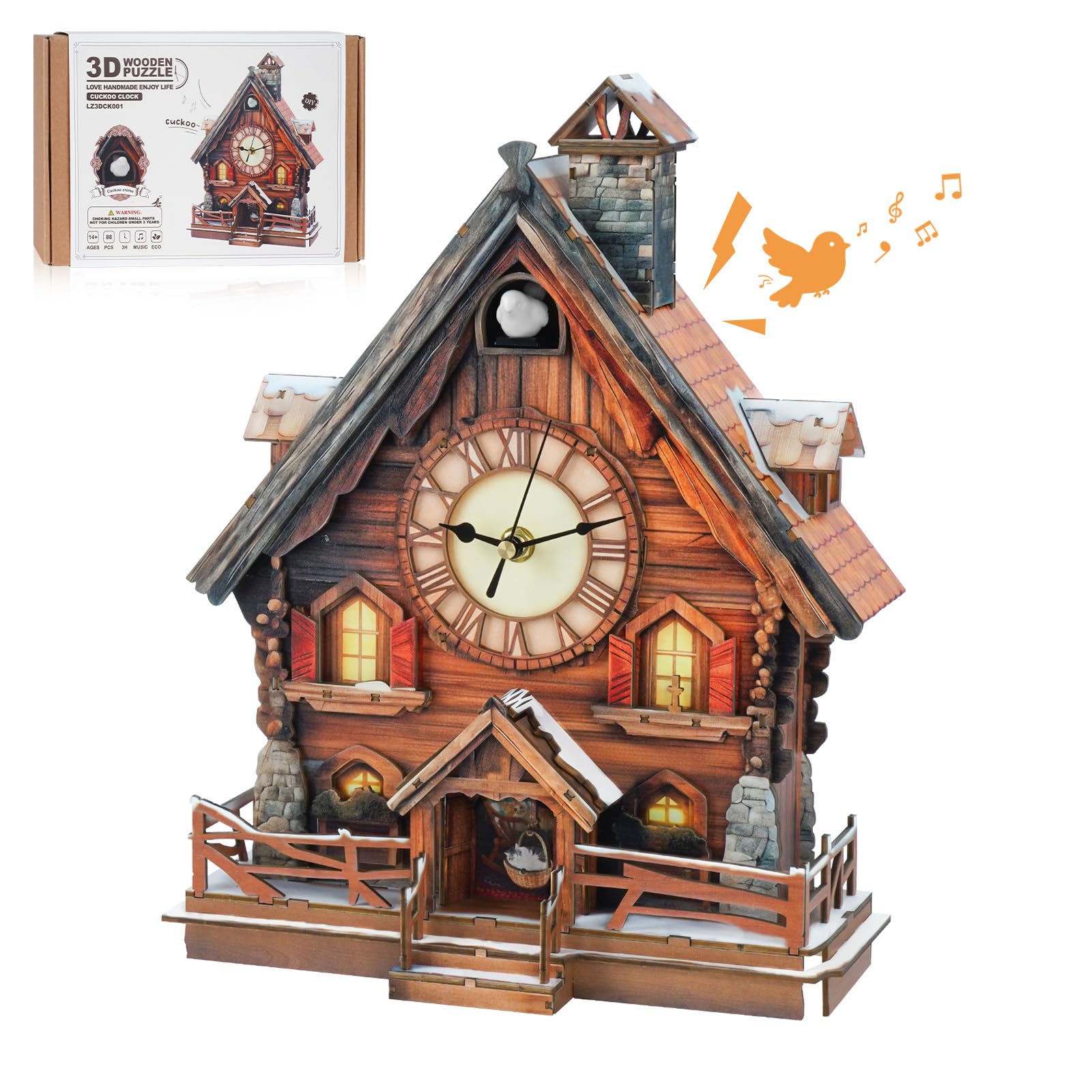 Rnfinewow 3D Puzzles for Adults-Cuckoo Clock, Swiss Igloo Clock Kit (with Pendulum), Wooden Puzzles for Adults Home Decor DIY Watch Making Kit