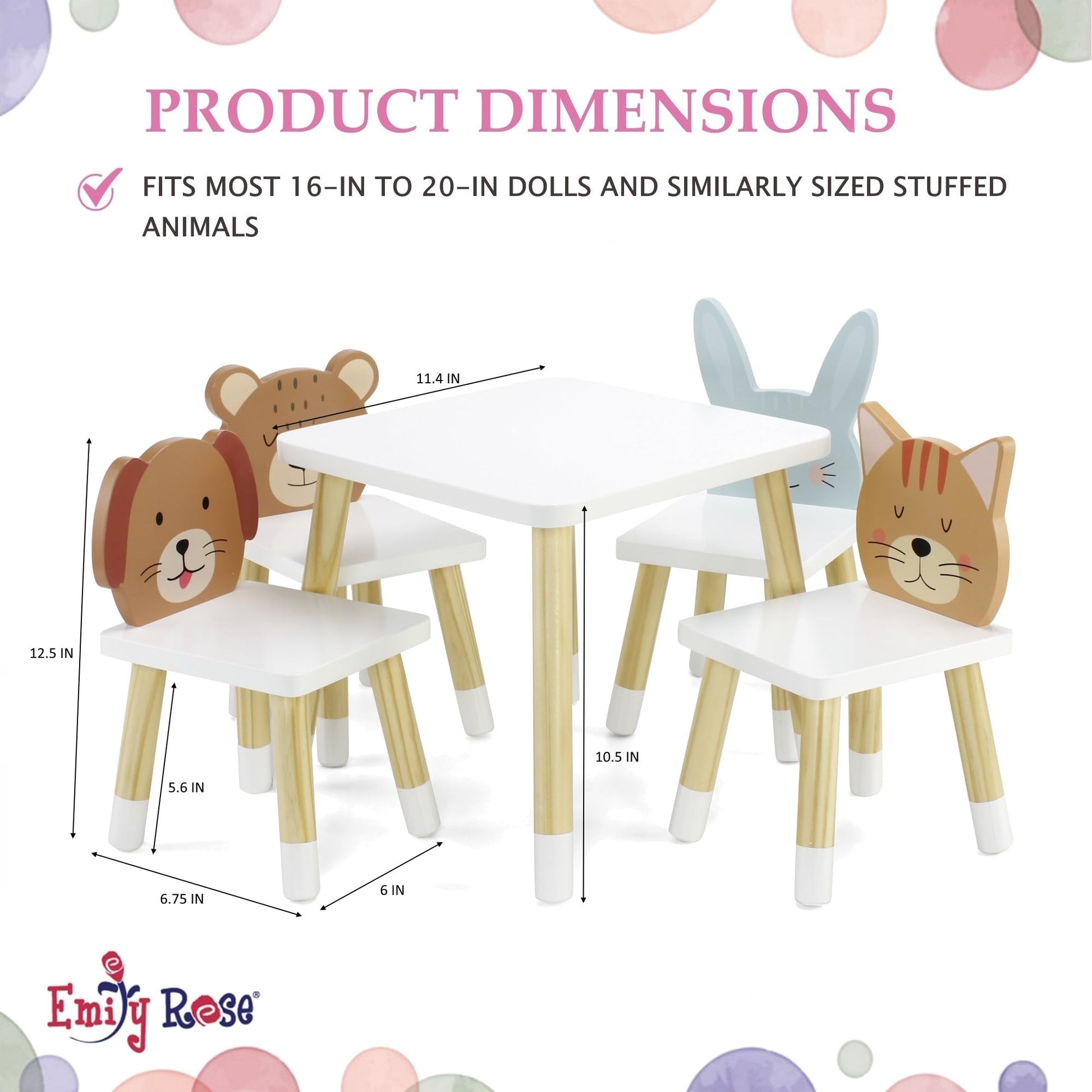 Emily Rose 18 Inch Doll Furniture Kitchen Table & 4 Animal Chairs Set - Rabbit Bear Puppy Kitten Theme, Easy Assembly Wooden 18" Doll Dining Set from