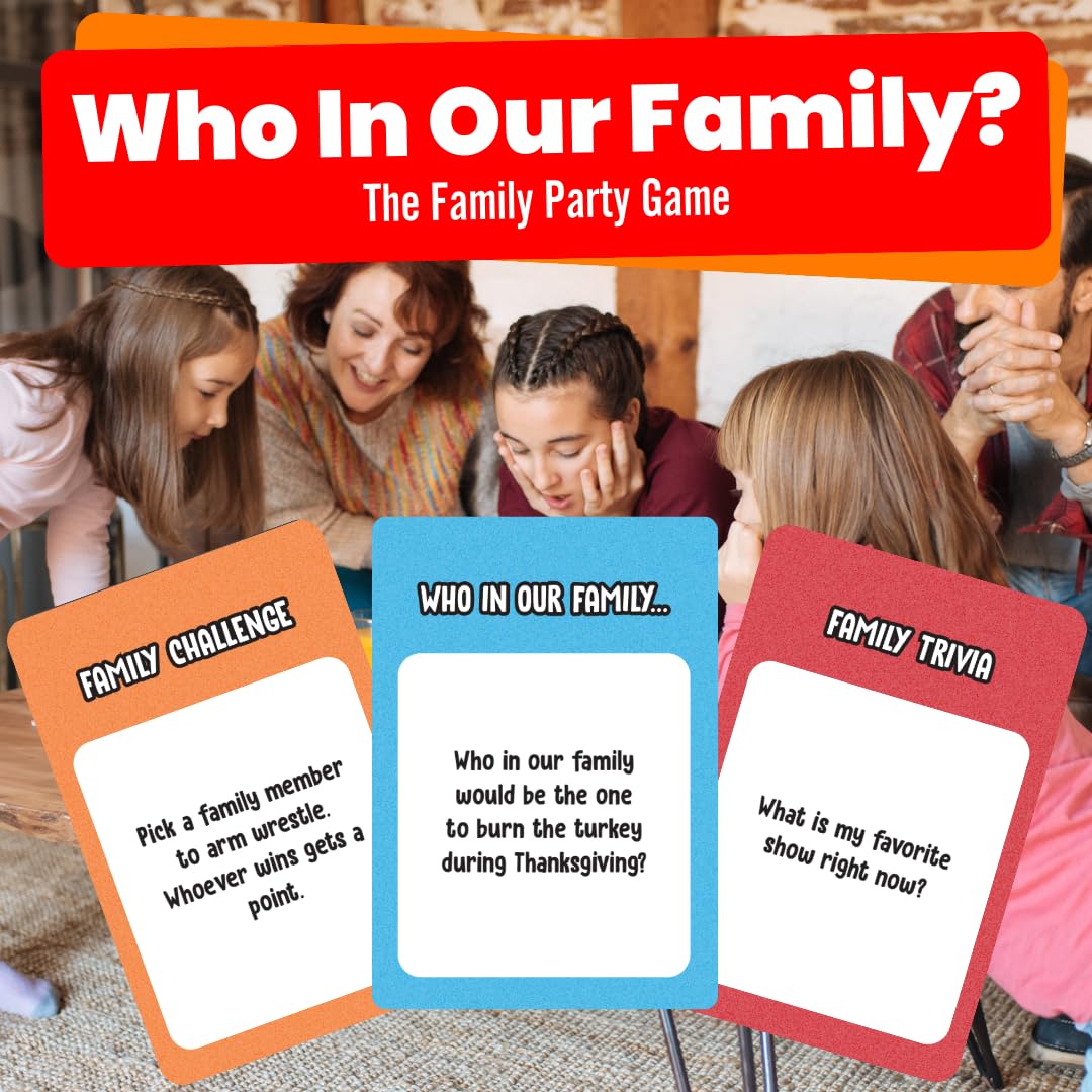 Viral Studios Who in Our Family? - Hilarious Family Party Game | Trivia, “Most Likely to” & Head-to-Head Challenges | Fun Family Game Night Card Game