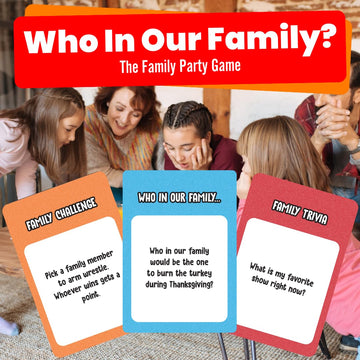 Viral Studios Who in Our Family? - Hilarious Family Party Game | Trivia, “Most Likely to” & Head-to-Head Challenges | Fun Family Game Night Card Game