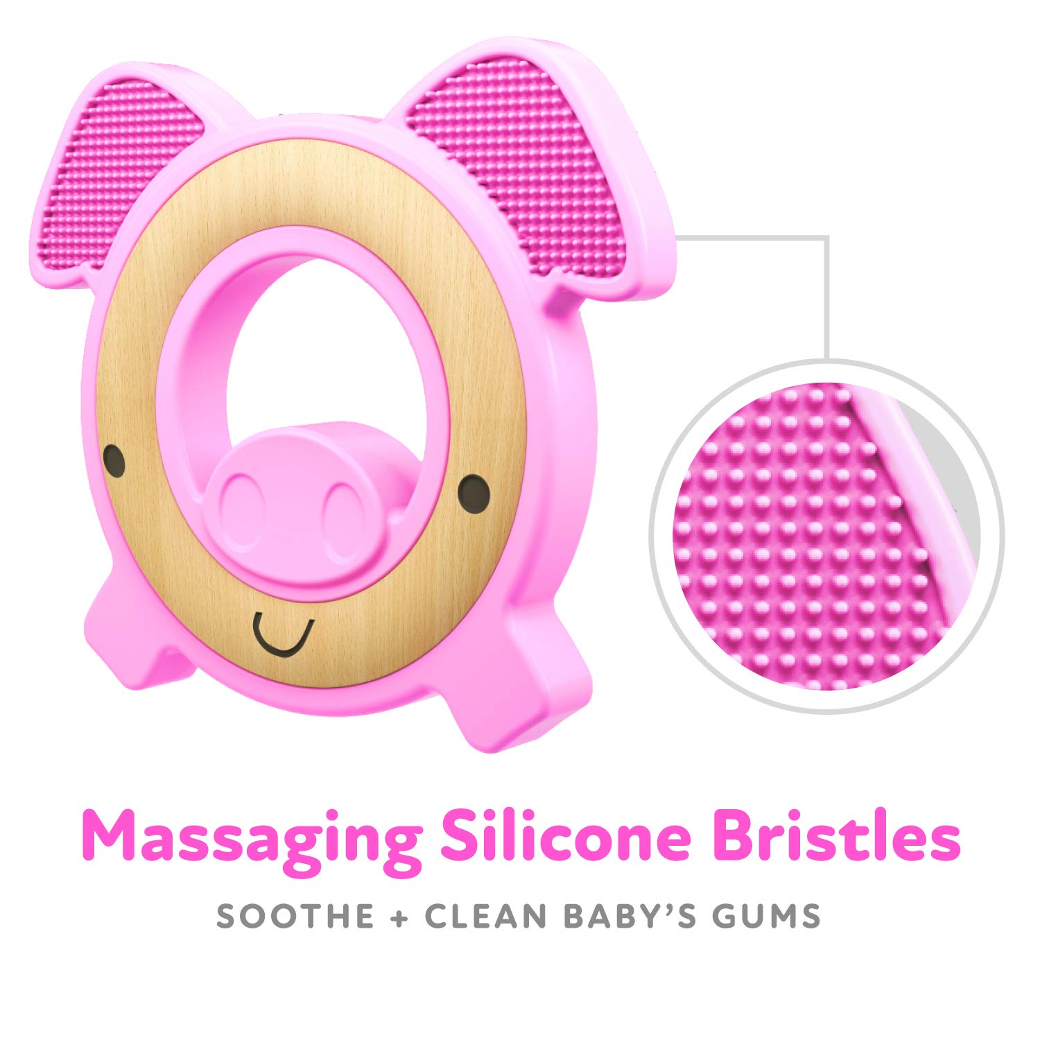 Nuby Natural Wood & Silicone Teether: Pig, 3M+, Pink