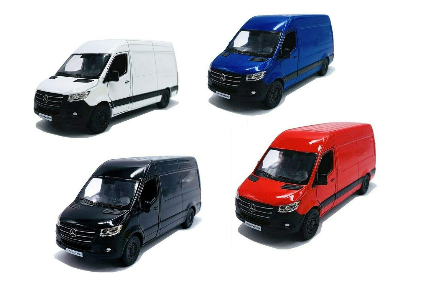 KiNSMART - Mercedes-Benz Sprinter Cargo Van, 1:48 O Scale Die Cast Metal Model Toy Van, Pull-Back Action, Set of 4