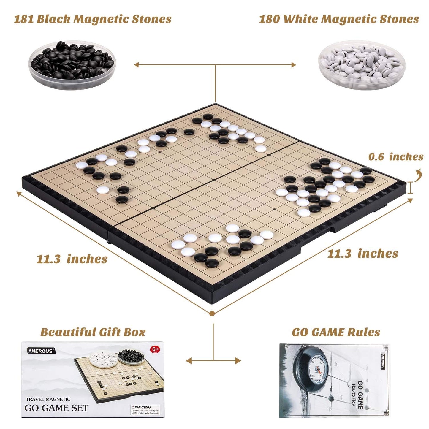 AMEROUS 11 Inches Magnetic Go Game Set (19 x 19), Travel Foldable Board Game Set with Magnetic Plastic Stones & Go Game Rules for Beginner, Kids