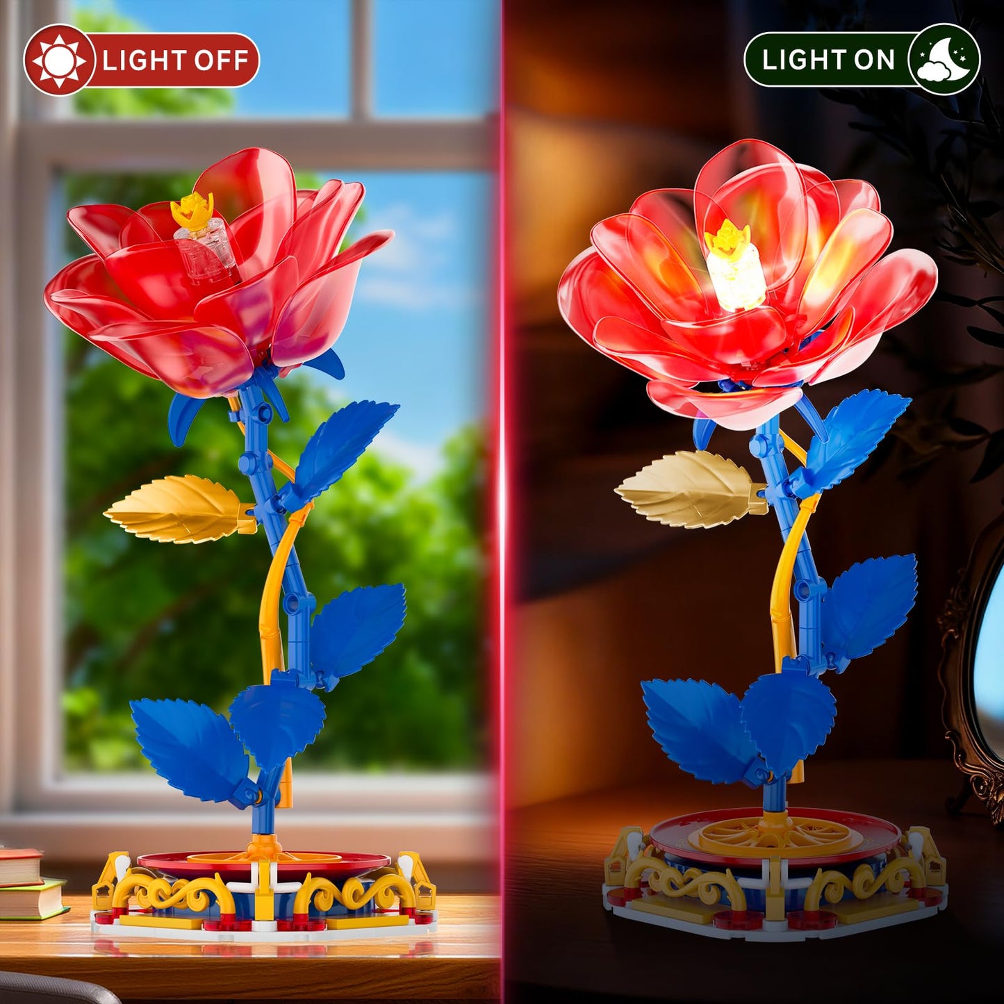 Rose Table Lamp Building Set with Light. Princess Flower-Shaped Building Kits. Creative Home Decoration & Artificial Flower Night Light, Valentines
