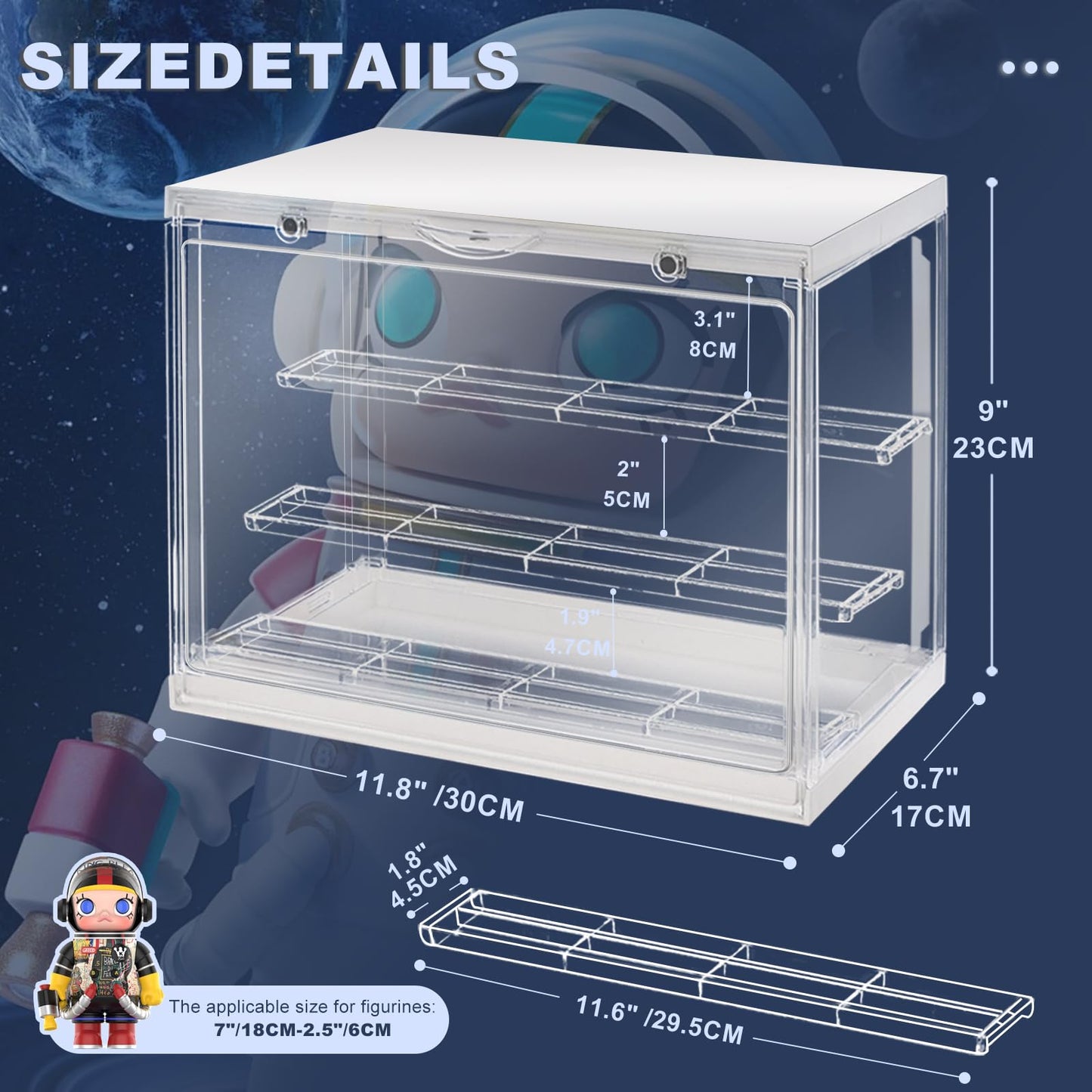 LED Acrylic Display Case for Collectibles, Cordless Power Stacking Showcase with 3-Tier Steps - Clear Dustproof Protector Box with Magnetic Door for