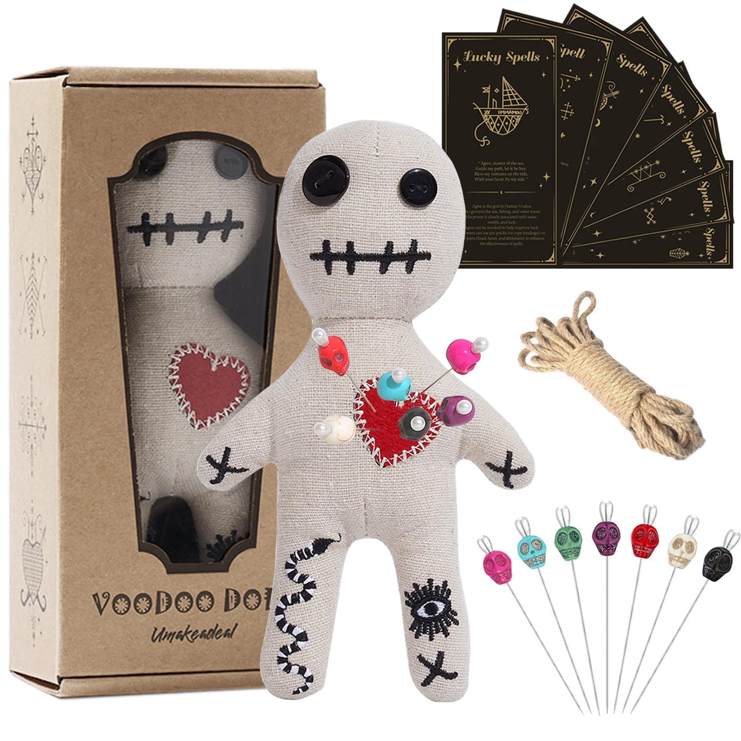 Umakeadeal Voodoo Doll Set Include Spell Cards and 7 Pcs Stress Relief Pins, Dammit Creepy Ghost Doll for Halloween Decoration Ornaments Fidget Toys