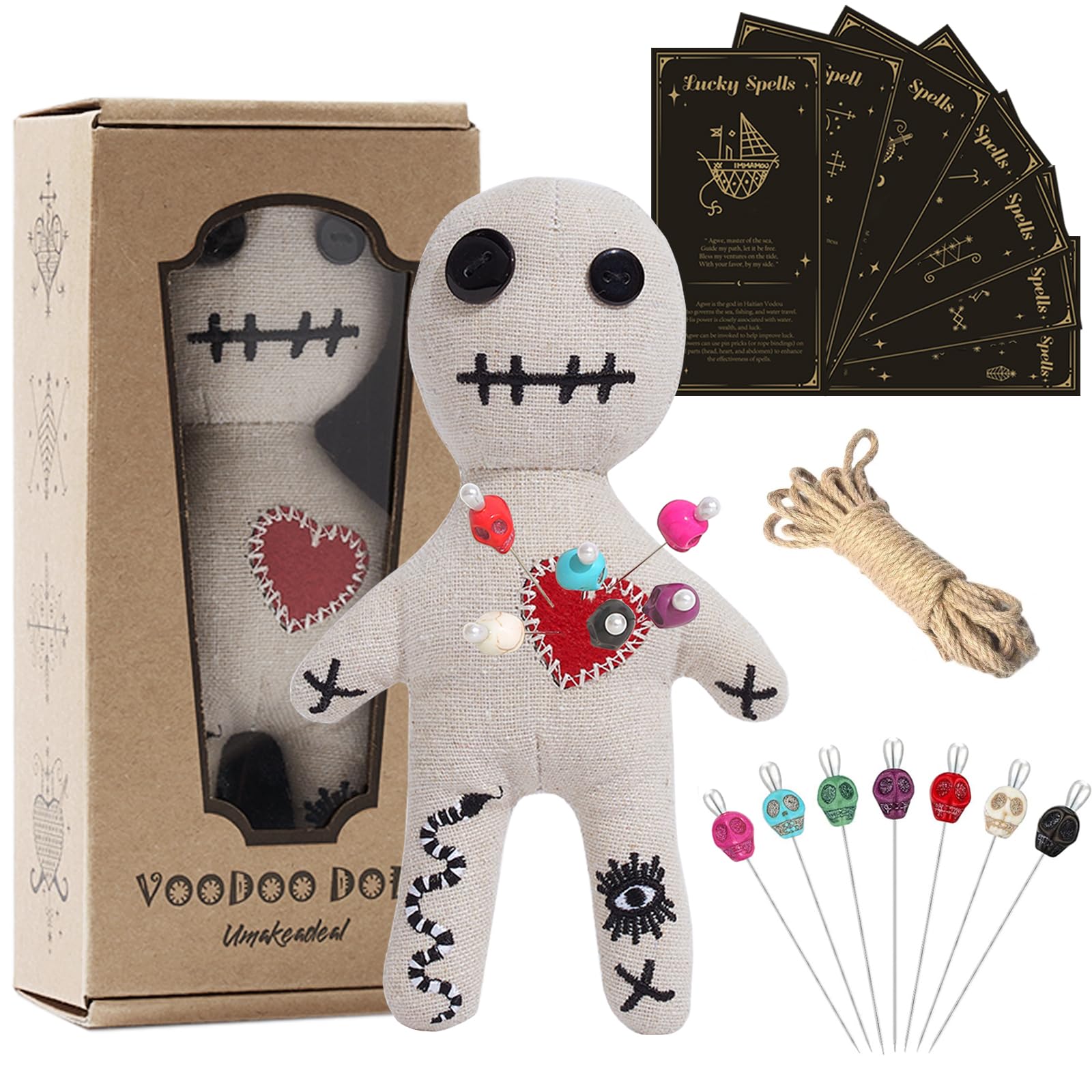 Umakeadeal Voodoo Doll Set Include Spell Cards and 7 Pcs Stress Relief Pins, Dammit Creepy Ghost Doll for Halloween Decoration Ornaments Fidget Toys