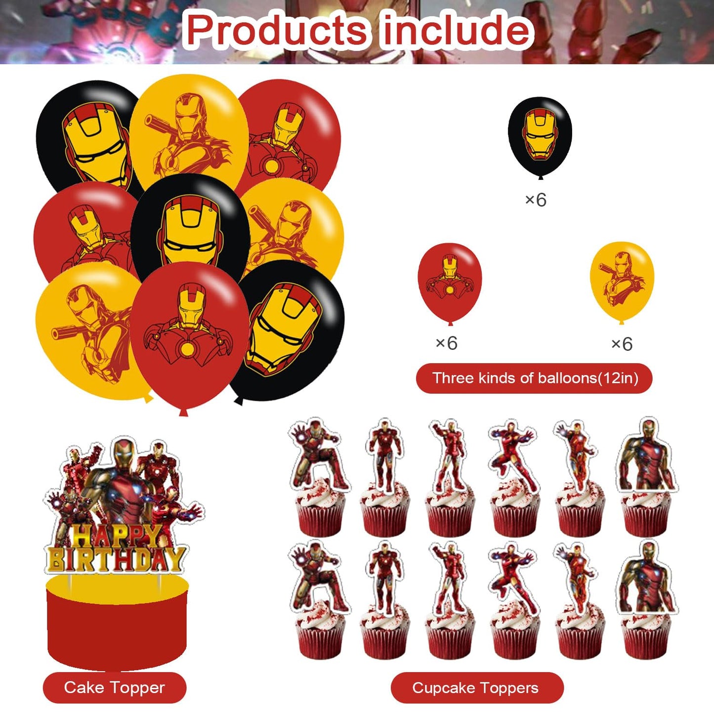 PINUO ???????? ?????? Birthday Party Decorations,Iron Hero Party Supplies Includes Cartoon Iron Hero Birthday Banner Balloons Cupcake Toppers Cake Topper