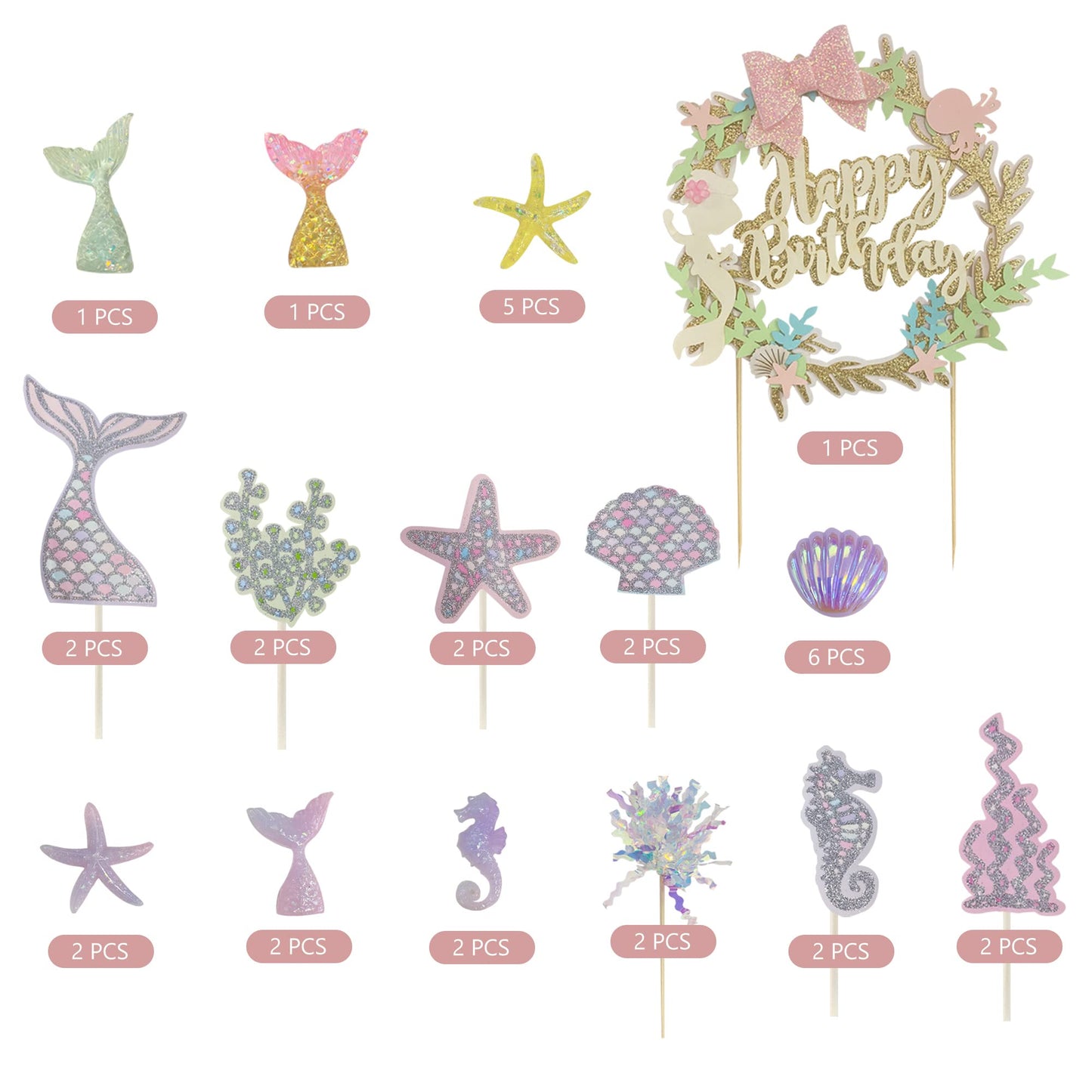 34PCS Mermaid Birthday Cake Topper Kit with Mermaid Themed Cupcake Topper Picks Glitter Seaweed Decor and Starfish Conch Seahorse Shell for Birthday