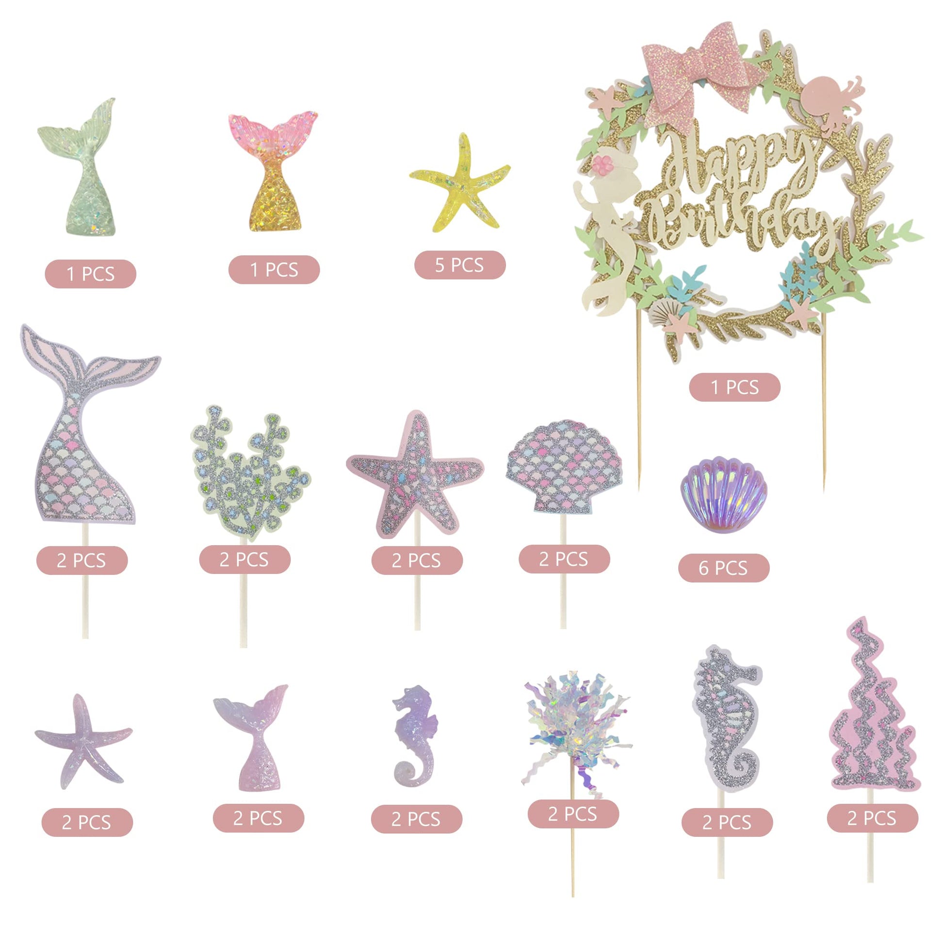 34PCS Mermaid Birthday Cake Topper Kit with Mermaid Themed Cupcake Topper Picks Glitter Seaweed Decor and Starfish Conch Seahorse Shell for Birthday