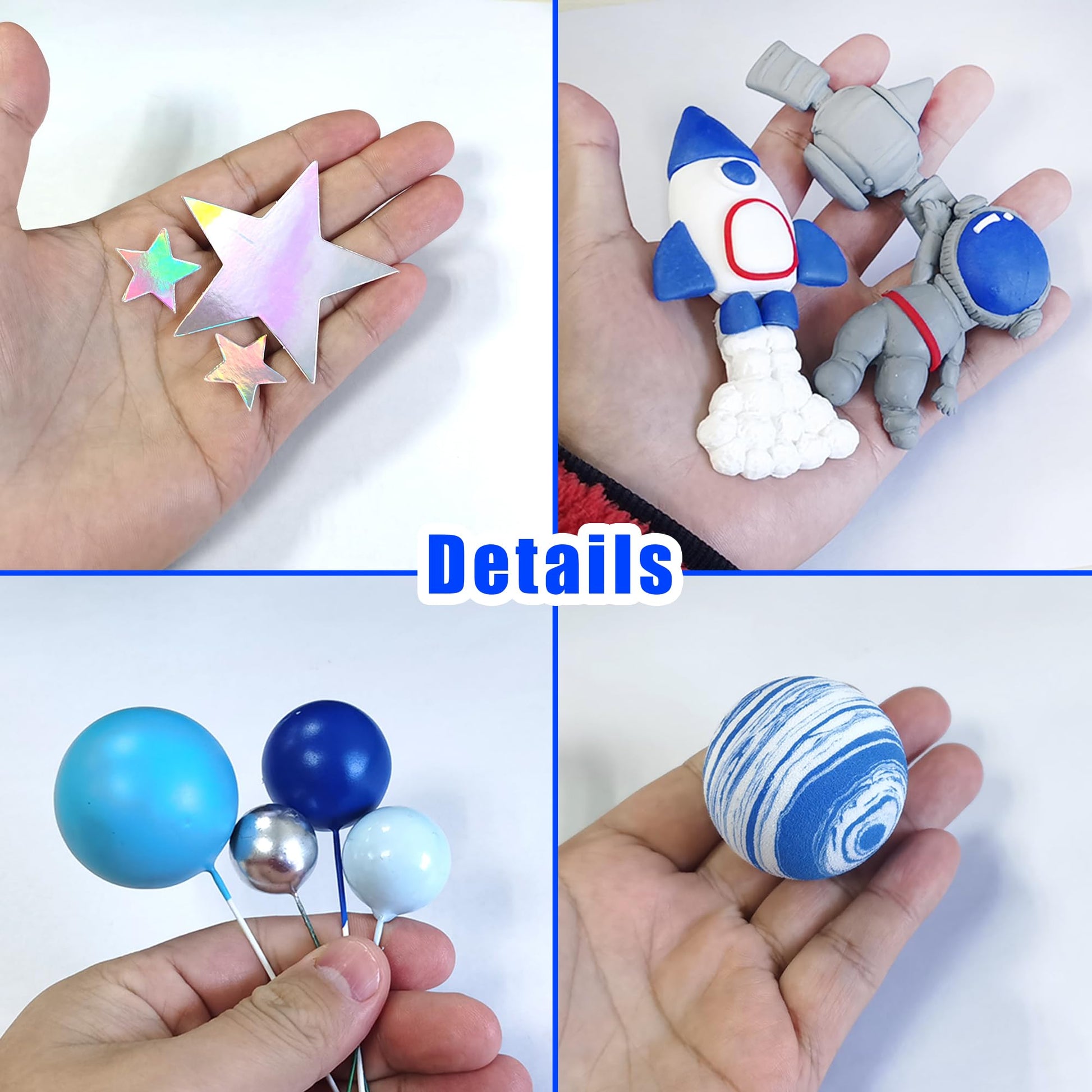 Clay Space Cake Toppers: Astronaut Figurines, Rocket Balls, Stars - Kids Space Theme Decorations for Birthday Party Supplies, Baby Shower