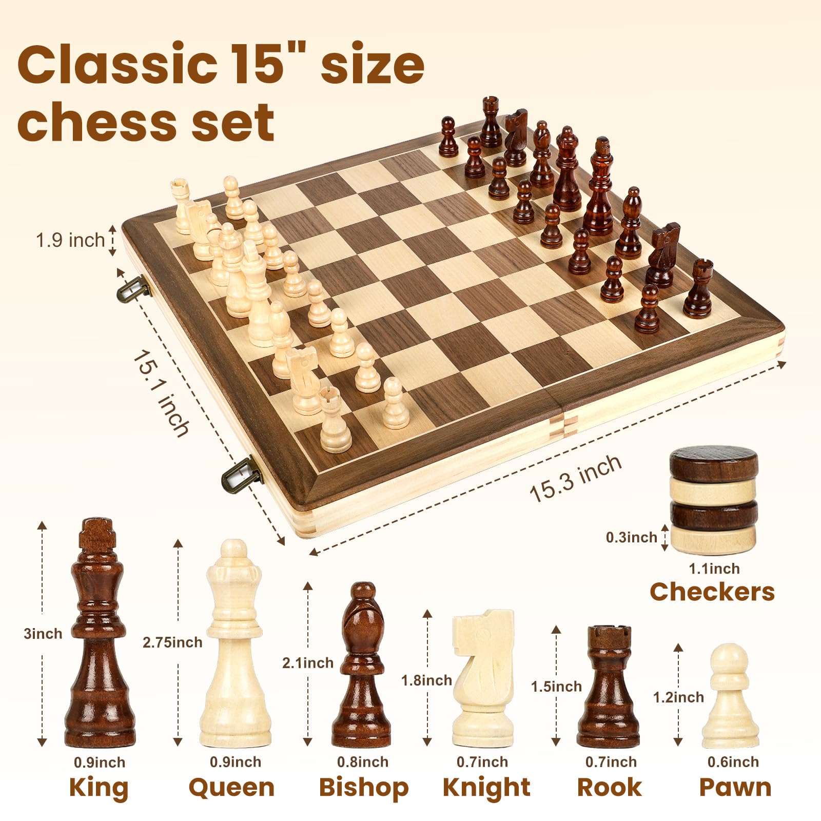 LEAP Magnetic Wooden Chess Checker Sets 15.5 inch Foldable Chess Board 3 inch King Height Chess Pieces, Upper Magnetic Checker Storage Slots