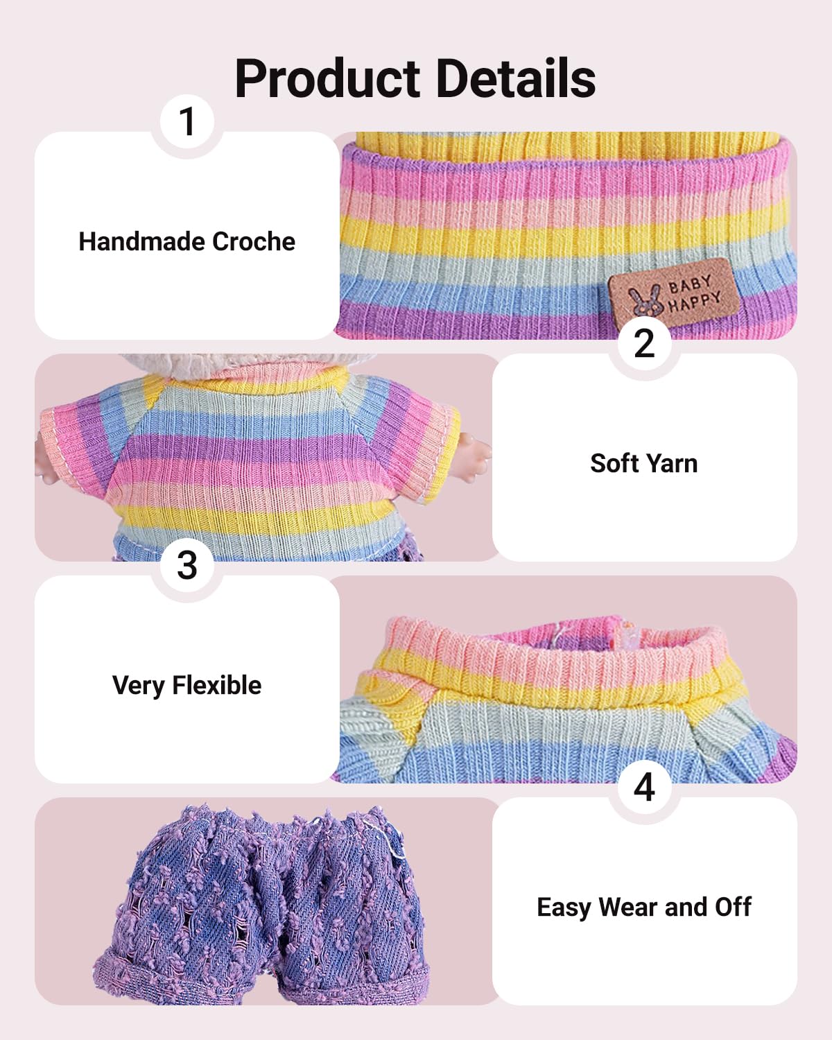 4pcs Handcrafted 15cm/17cm Doll Clothes Set (No Doll), Cute and Premium Outfits Accessories, Hand Crocheted Hat, Sweaters, Skirt, Bag (Rainbow) AK052