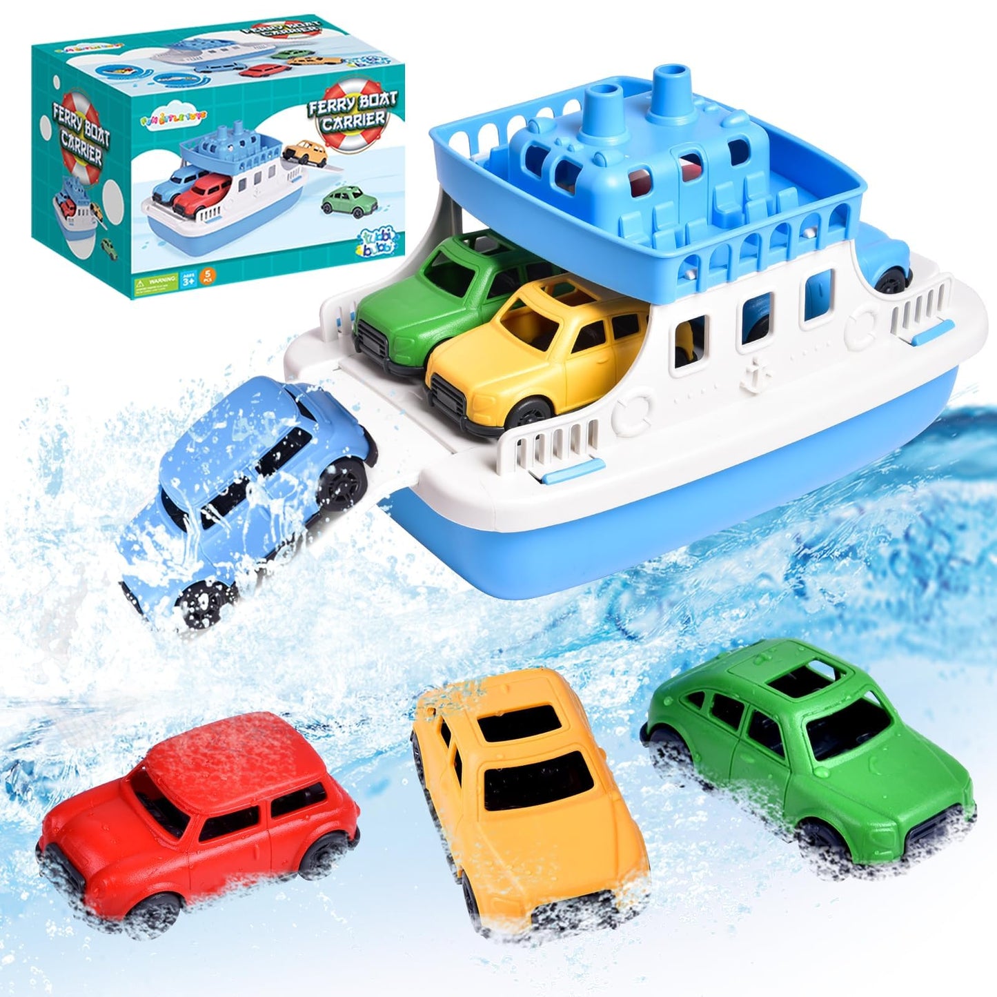 Ferry Bath Toy with Mini Cars, Floating Toy Boat & Slide-Out Ramp Water Play Set for Bath, Pool & Beach, Ages 3+