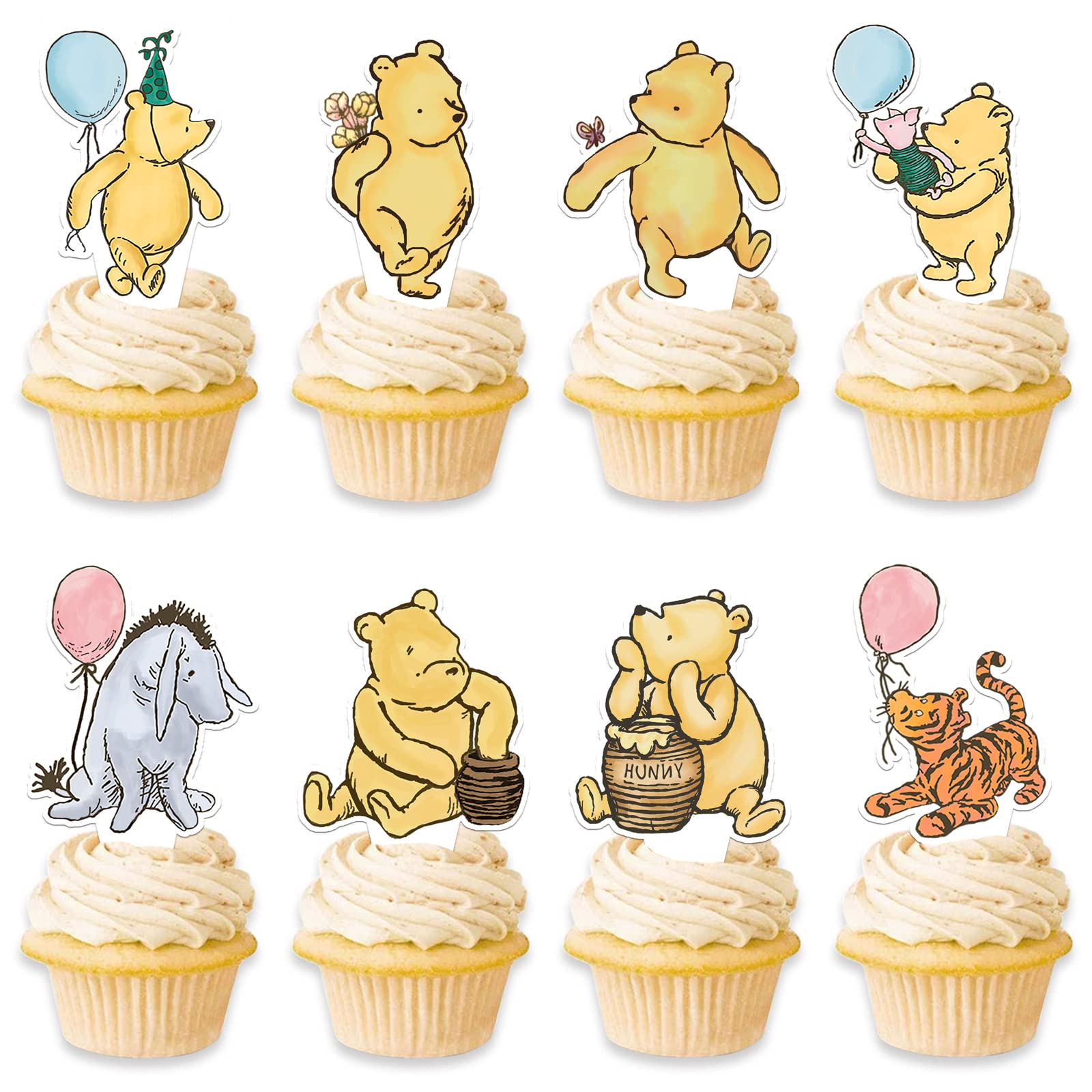 48 Pcs Winnie Baby Shower Cupcake Toppers for Classic Birthday Party Supplies Cute Winnie Cake Topper for Baby Shower Decorations