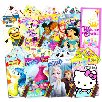 Ultimate Girls Party Favors Play Packs -- Bundle Includes 8 Packs with Stickers, Coloring Books, Crayons and More Plus Door Hanger