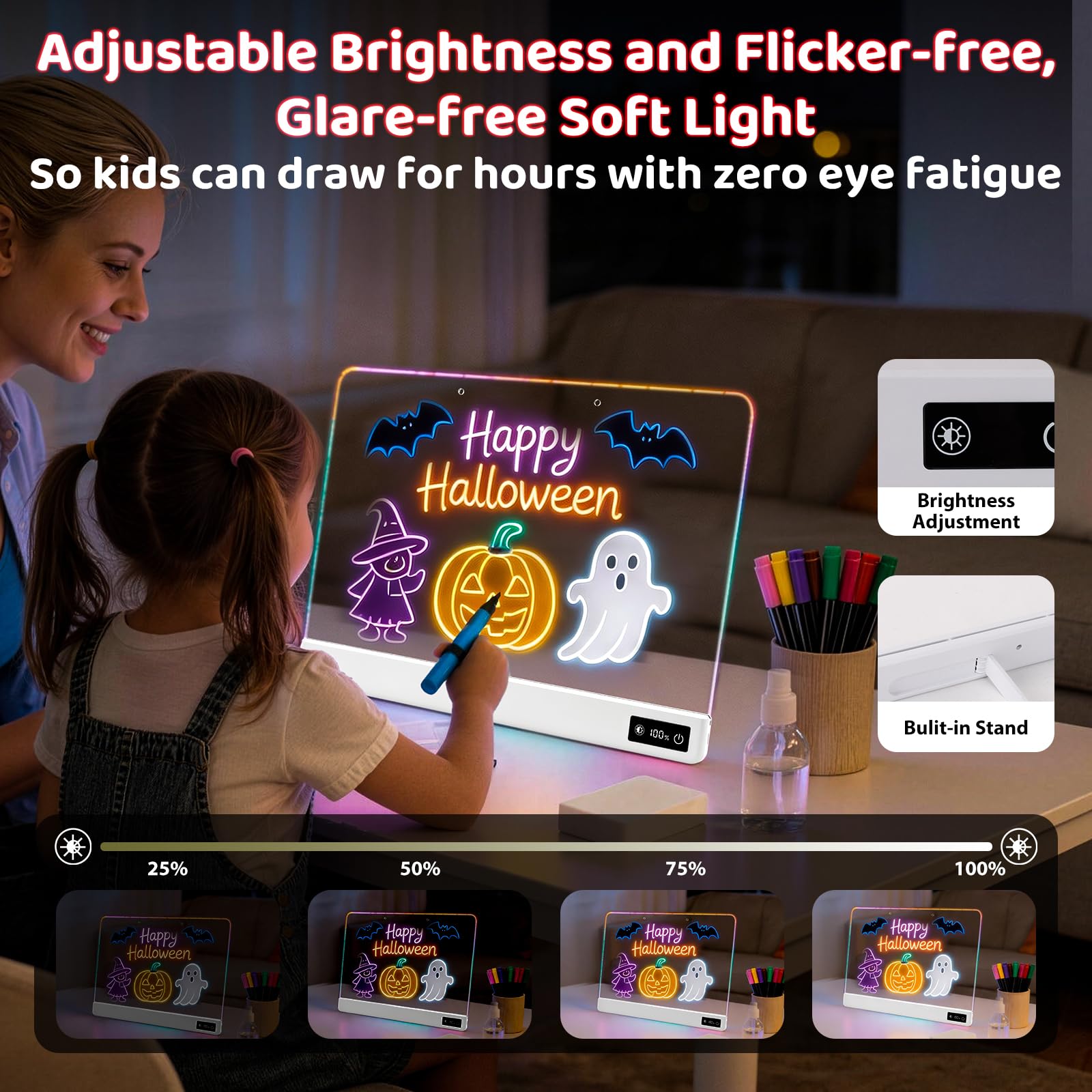 17 Inch Rechargeable LED Drawing Board for Kids, Upgraded 15 Colors Light Up Doodle Pad, Anti-Scratch PVC, Flicker-Free Eye Care, Includes Tracing