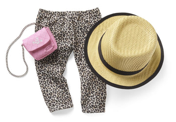 American Girl Truly Me 18-inch Doll Accessories Leopard-Print Pants, Pink Pants, and Straw Hat with Ribbon, For Ages 6+