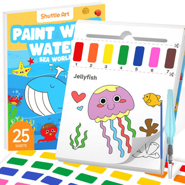 Shuttle Art Paint with Water Coloring Book for Kids, 25 Sea World Themed Pages with 2 Brushes, Mess-Free Watercolor Paint Set, Travel-Friendly Art
