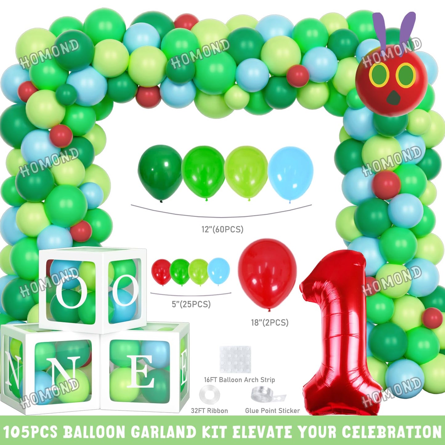 Homond Green Caterpillar 1st Birthday Decorations, Fruit Theme Decorations - Backdrop Number One Balloon Highchair Banner Box Crown, Very Cartoon