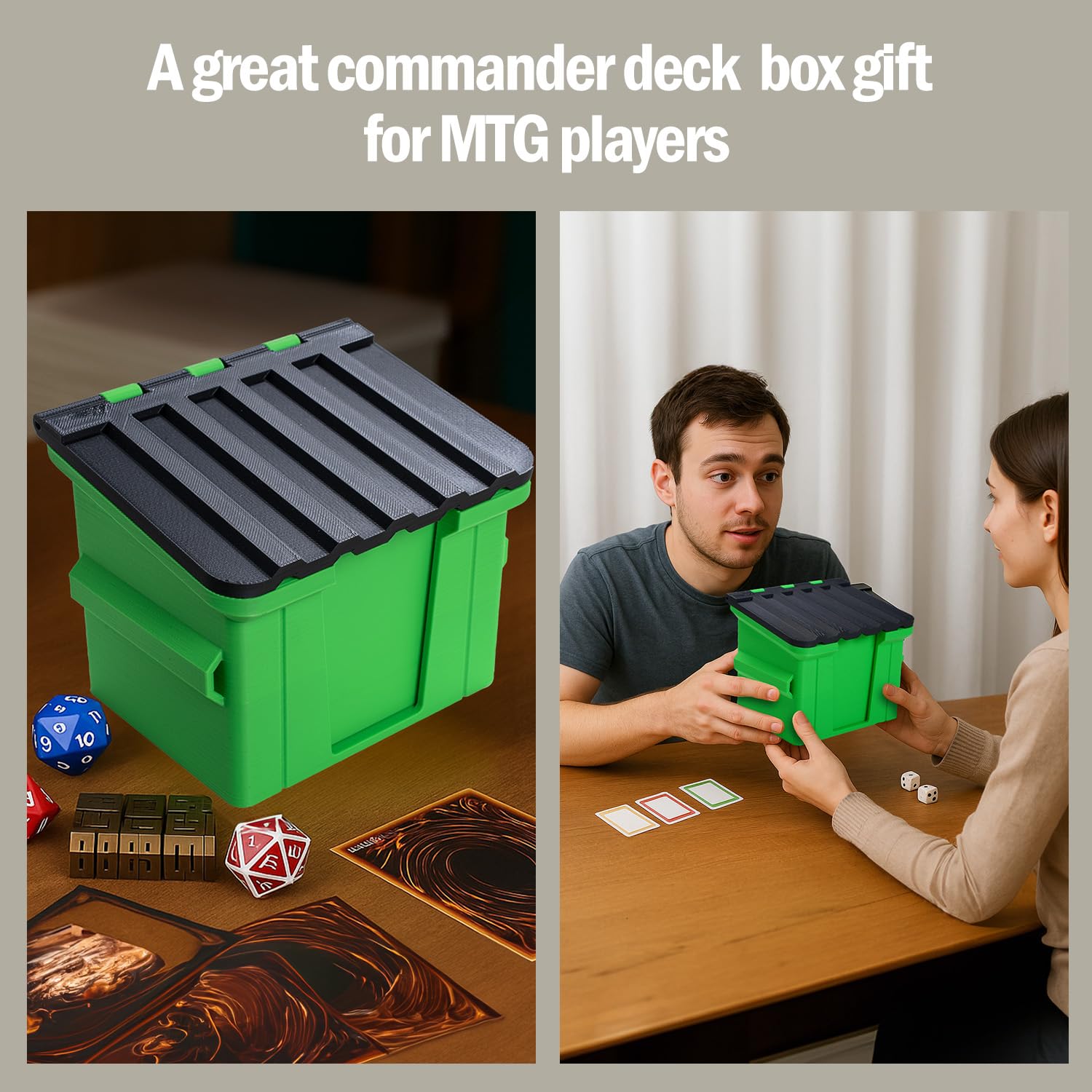 Ravonixis MTG Dumpster Deck Box Commander Box-Holds 100+ Sleeved Cards-Funny Commander case with Inner Tray -3D Printed Green Trash Bin for MTG Great