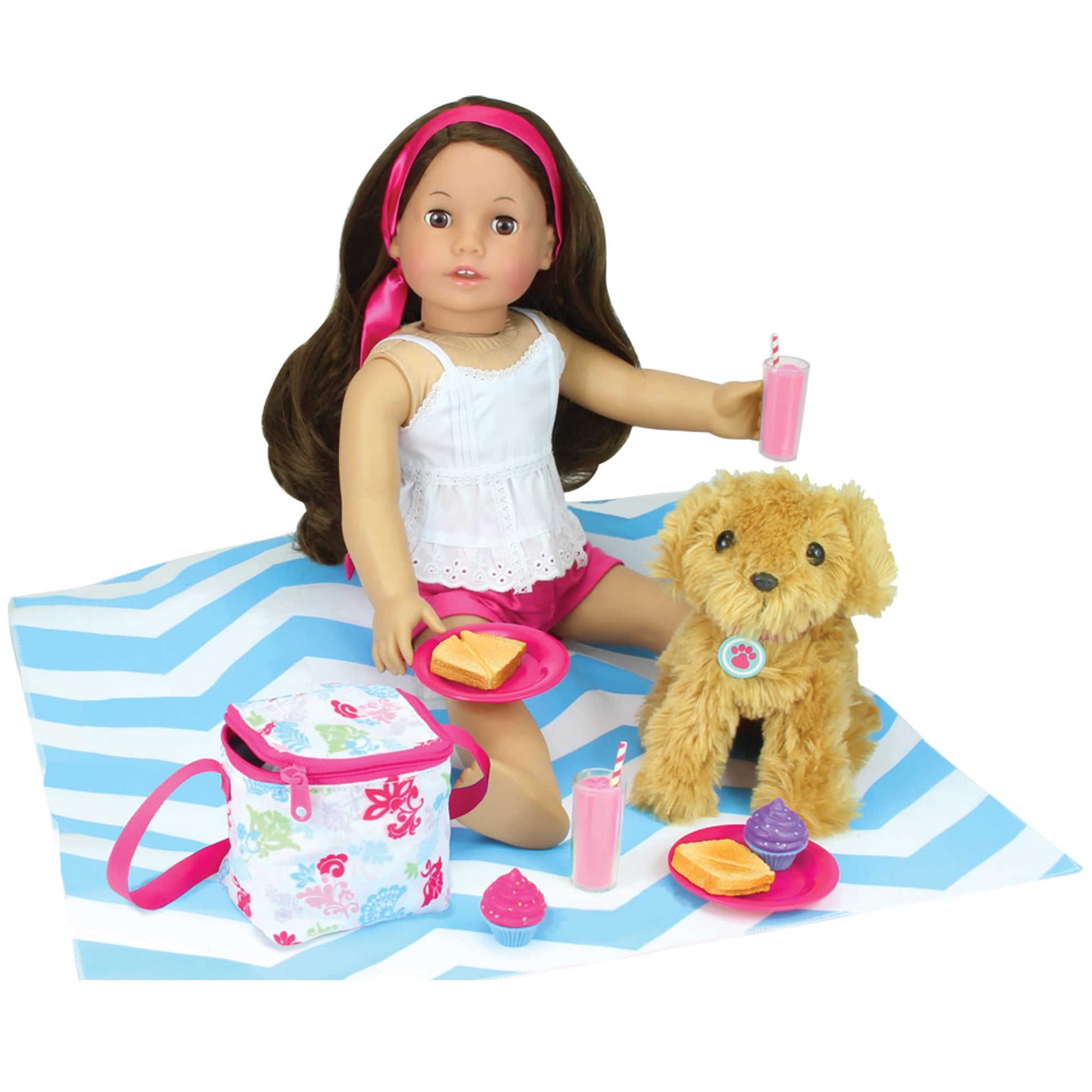 Sophia's Picnic Lunch Accessories Set with Pretend Food, Drinks, Napkins, Blanket and Thermal Cooler for 18" Dolls, Multicolor