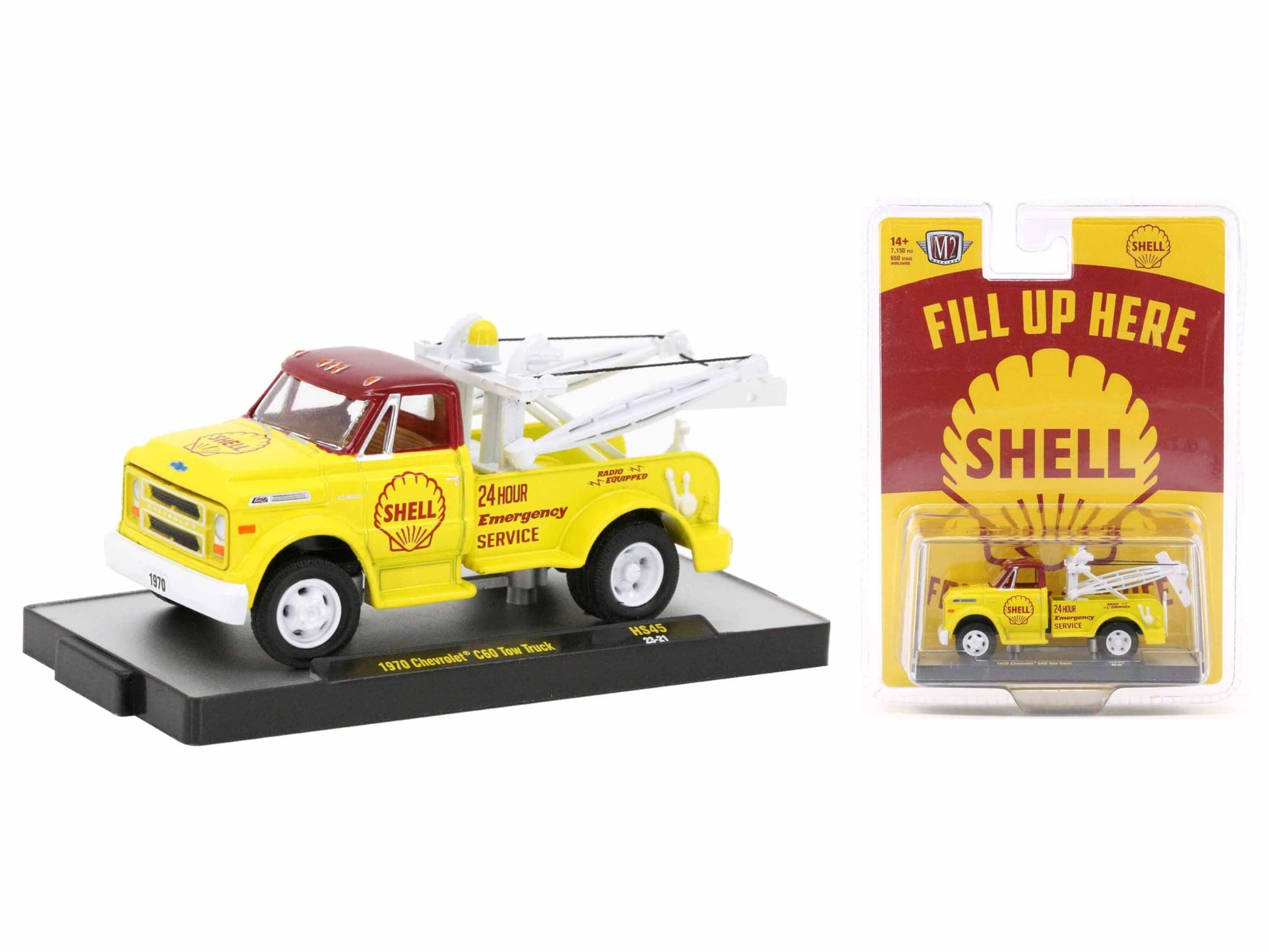 M2 1970 Chevy C60 Tow Truck Yellow with Red Top and Yellow Interior Shell Oil Limited Edition to 7800 Pieces Worldwide 1/64 Diecast Model Car
