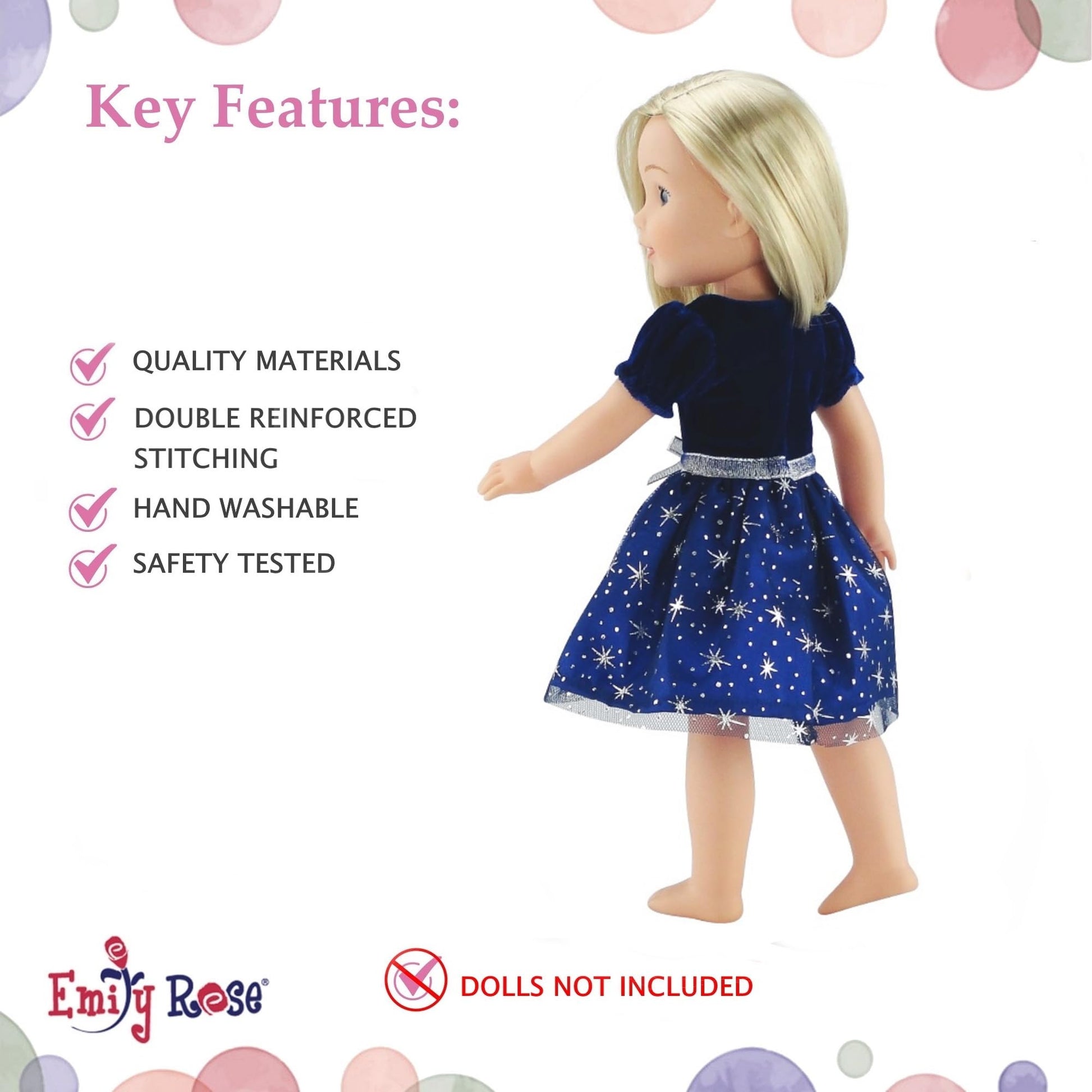 Emily Rose 14 Inch Doll Fashion Clothes Blue/Silver Velvety, Sparkly Party Dress | Compatible with 14.5" Hard-Bodied Wellie Wishers Dolls | USA