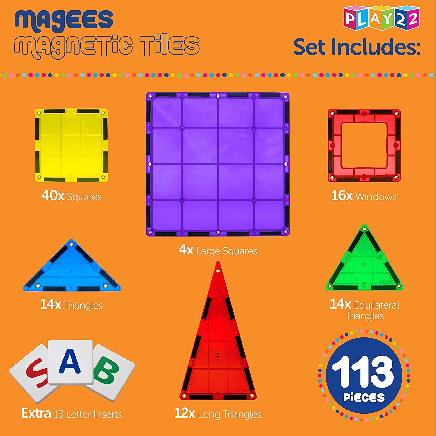 Magnetic Tiles Building Blocks - 113pcs Advanced Set - STEM Toys for 3+ Year Old Boys and Girls -Strongest Magnets - Includes 13 Piece Insert Alphabet