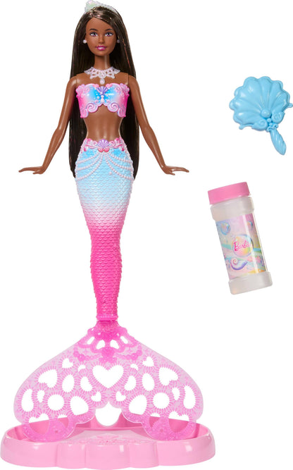 Barbie Bubble Sparkle Mermaid Doll with Bubble-Making Feature & Solution, Tray & Hairbrush, Plus Long, Color-Streaked Brunette Hair