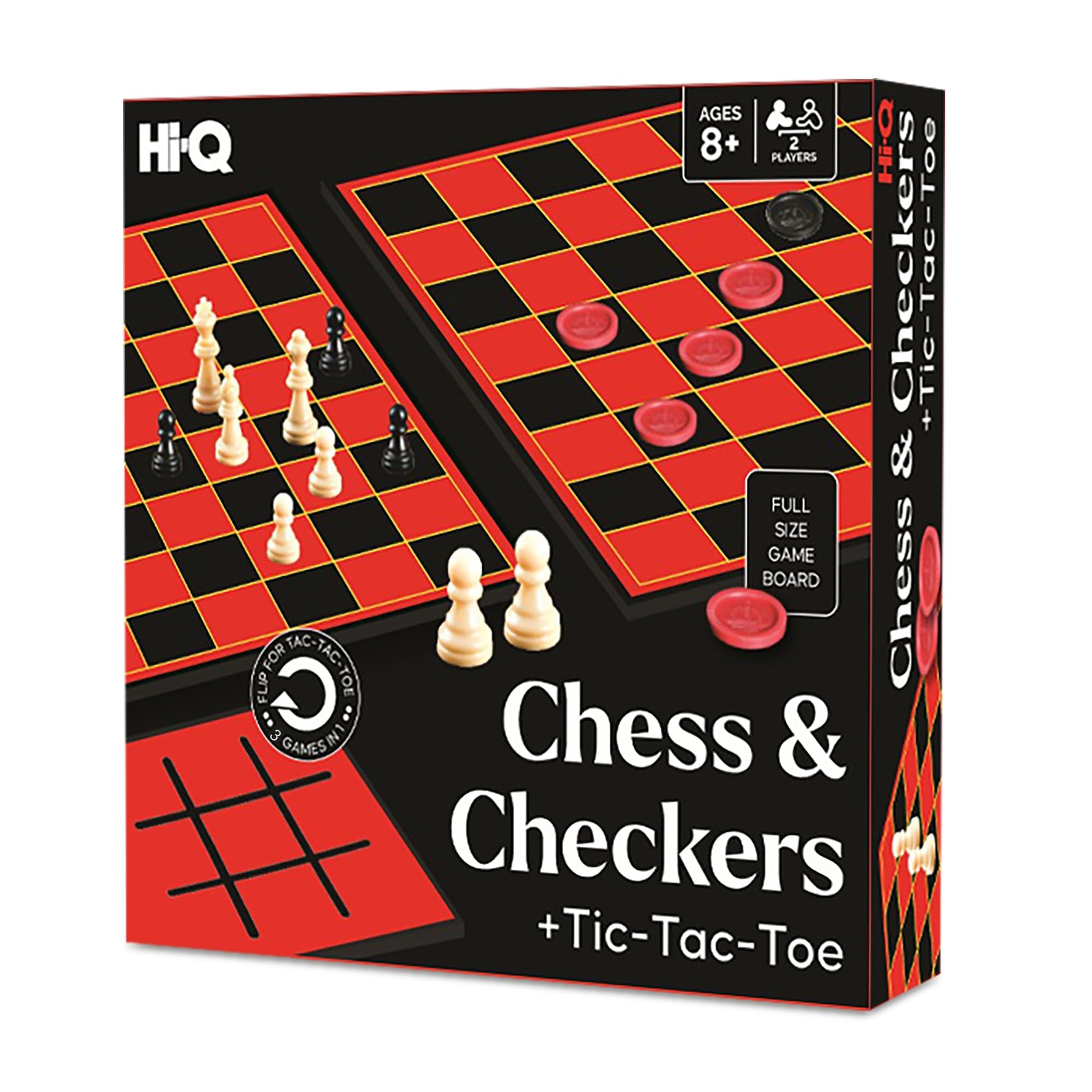 Hi-Q 3-in-1 Chess, Checkers & Tic-Tac-Toe Game Set - Double-Sided Folding Board - Staunton Style Pieces & Interlocking Checkers - Classic Strategy
