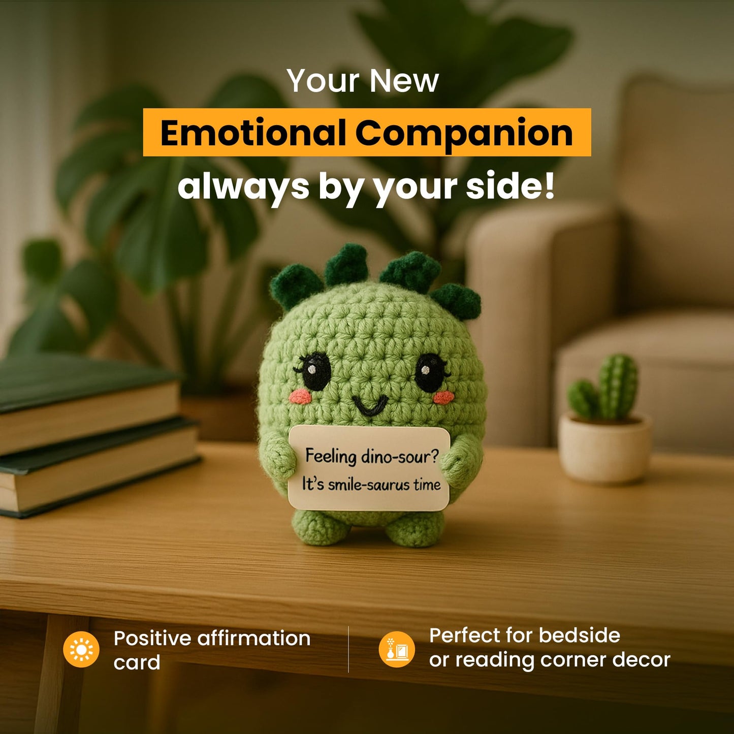 AltrEgo Emotional Support Positive Dashing Dino Crochet Toy, Handmade, with Message Card | Anniversary Birthday Gratitude Couple Mini, Décor