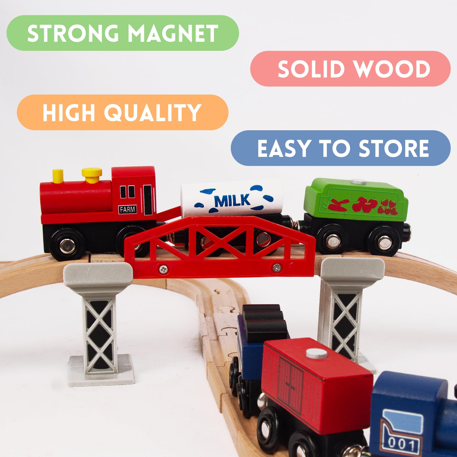 WoodenEdu Wooden Train Sets for Toddlers, 9 Pcs Train Toy Magnetic Sets Fits Brio, Thomas, Melissa and Doug, Kids for Boys Girls 3 4 5 Years Old