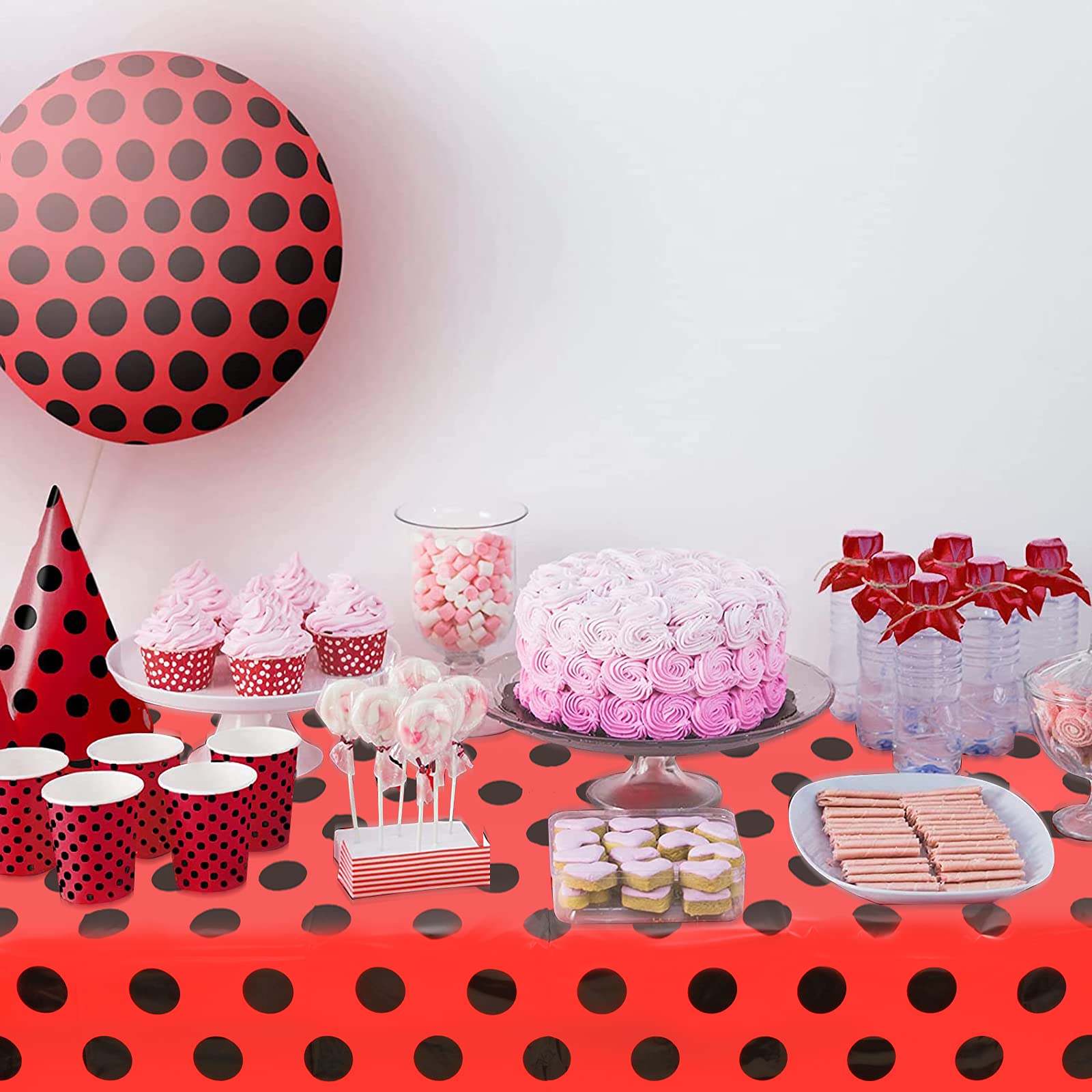 Lecpeting 2 Pcs Ladybug Tablecloth Red Black Polka Dots Plastic Table Covers 87 x 51 Inches Ladybug Themed Party Decorations for Birthday Party